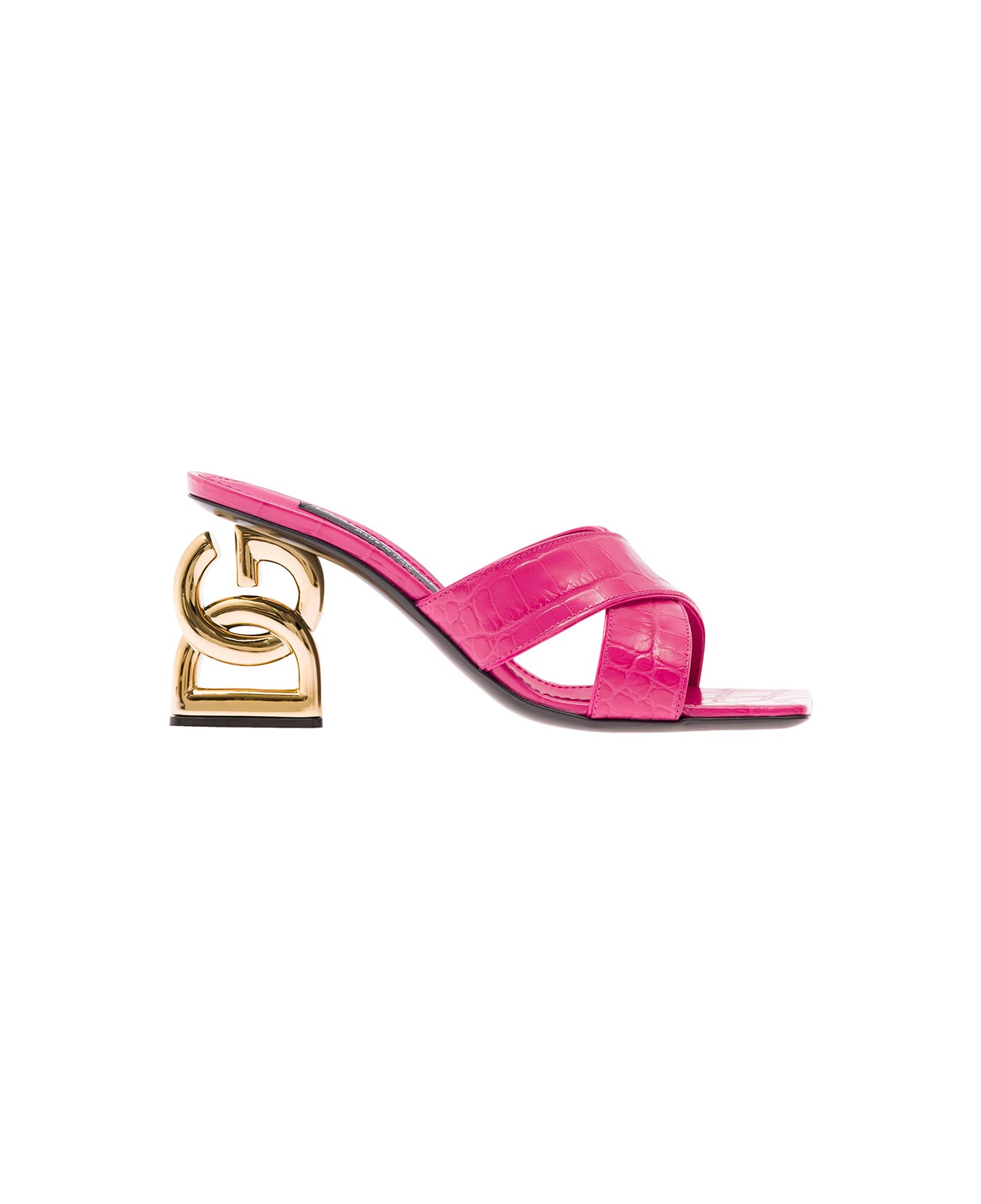 Dolce & Gabbana Pink Sandals With Logo Heel In Crocodile-print Leather Woman - Red
