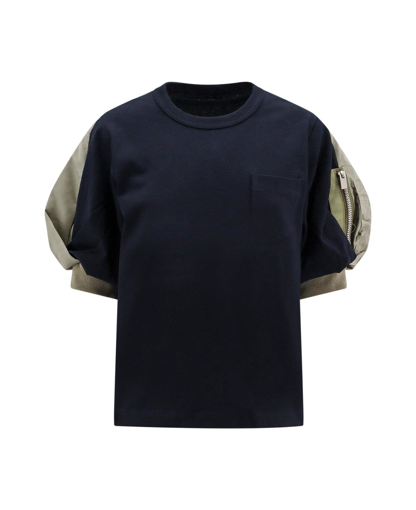 Sacai Crewneck Puff-sleeved T-shirt - Navy Light Khaki Tシャツ