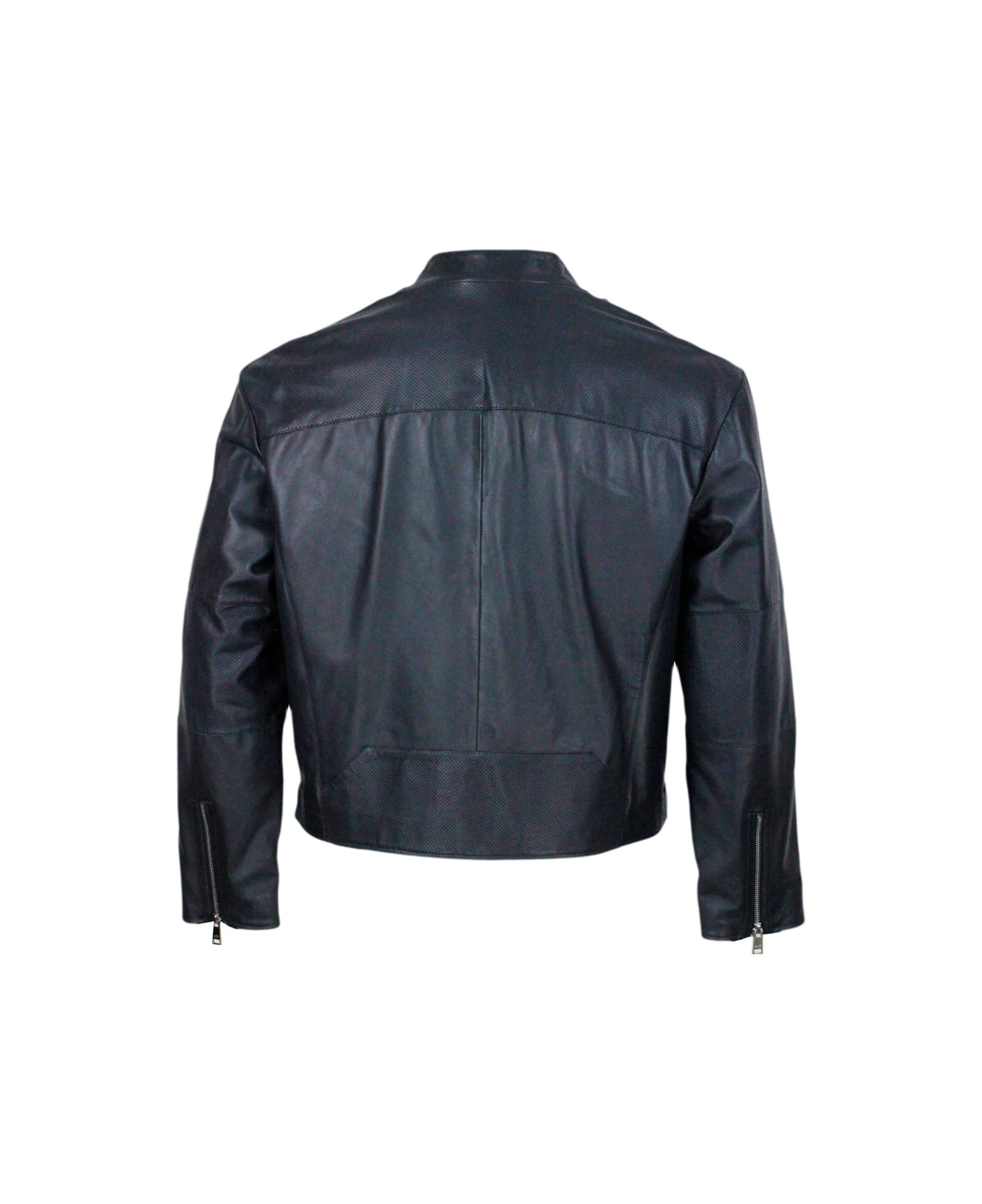 Armani Collezioni Jacket With Zip Closure Made Of Soft Lambskin With Perforated Leather Details. Zip On Pockets And Cuffs - Blu