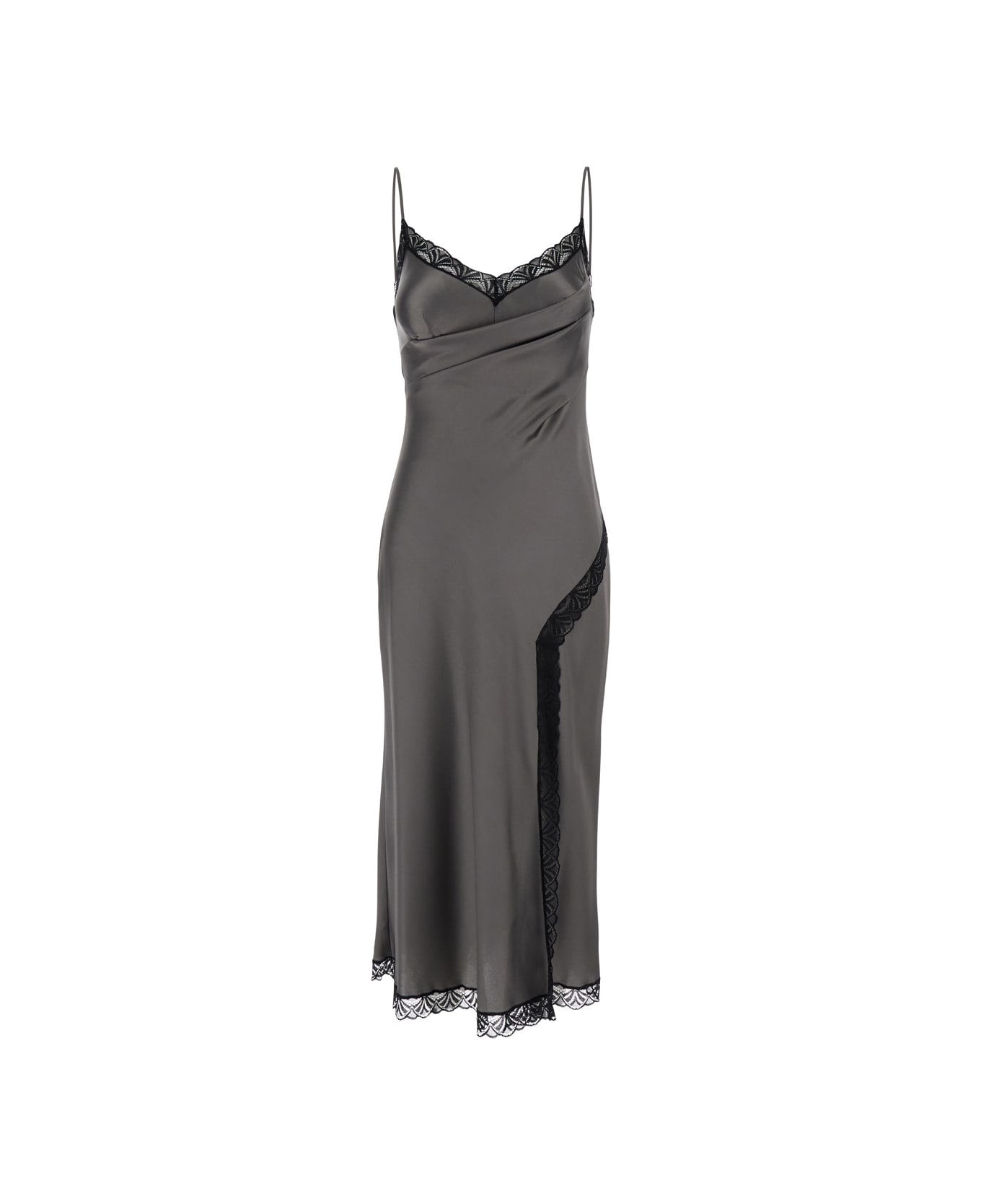 Alberta Ferretti Midi Dark Grey Dress With Lace Inserts And Spaghetti Straps In Satin Woman - Grey