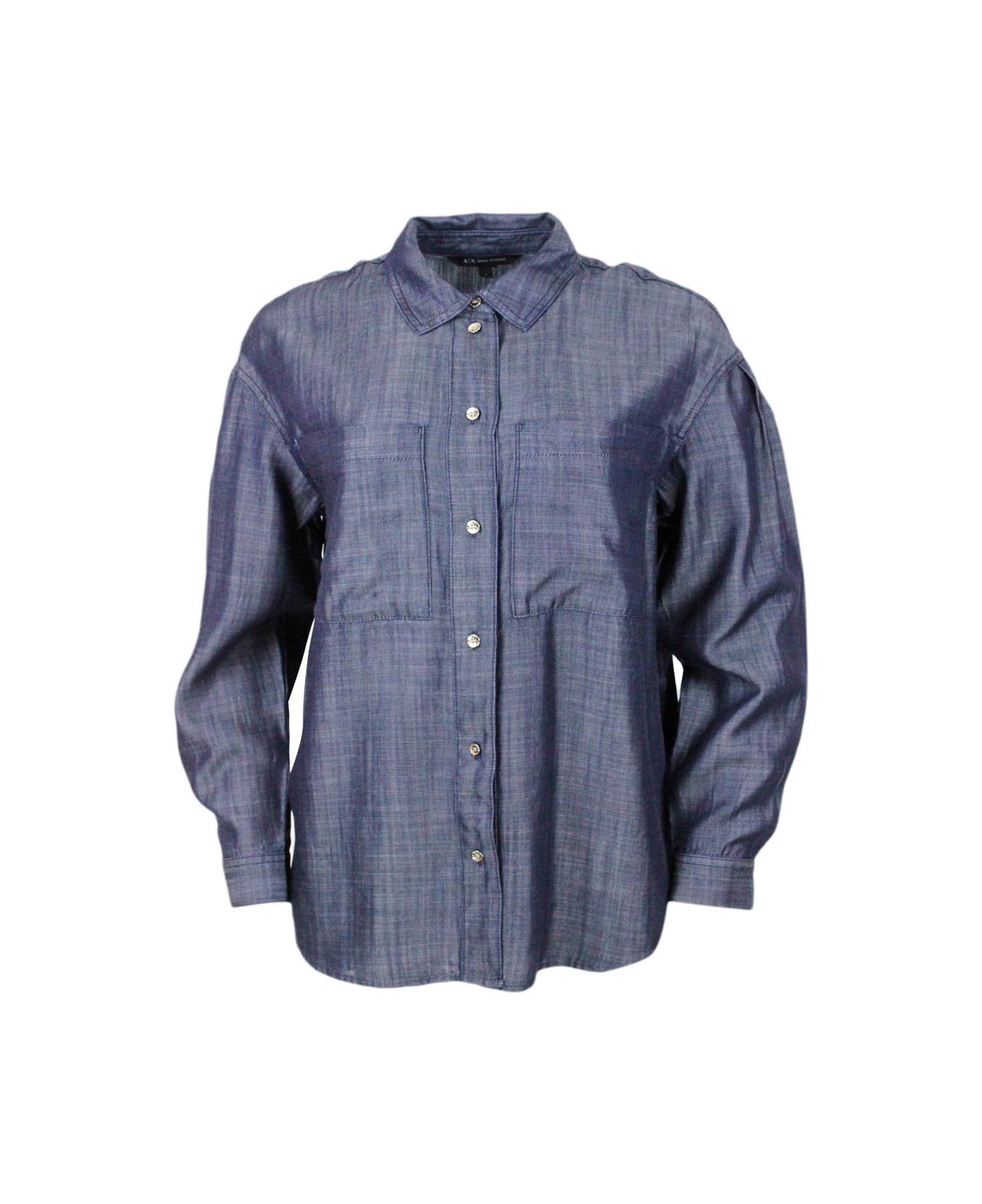 Armani Collezioni Lightweight Long-sleeved Denim Shirt With Chest Pockets And Button Closure - Denim Dark