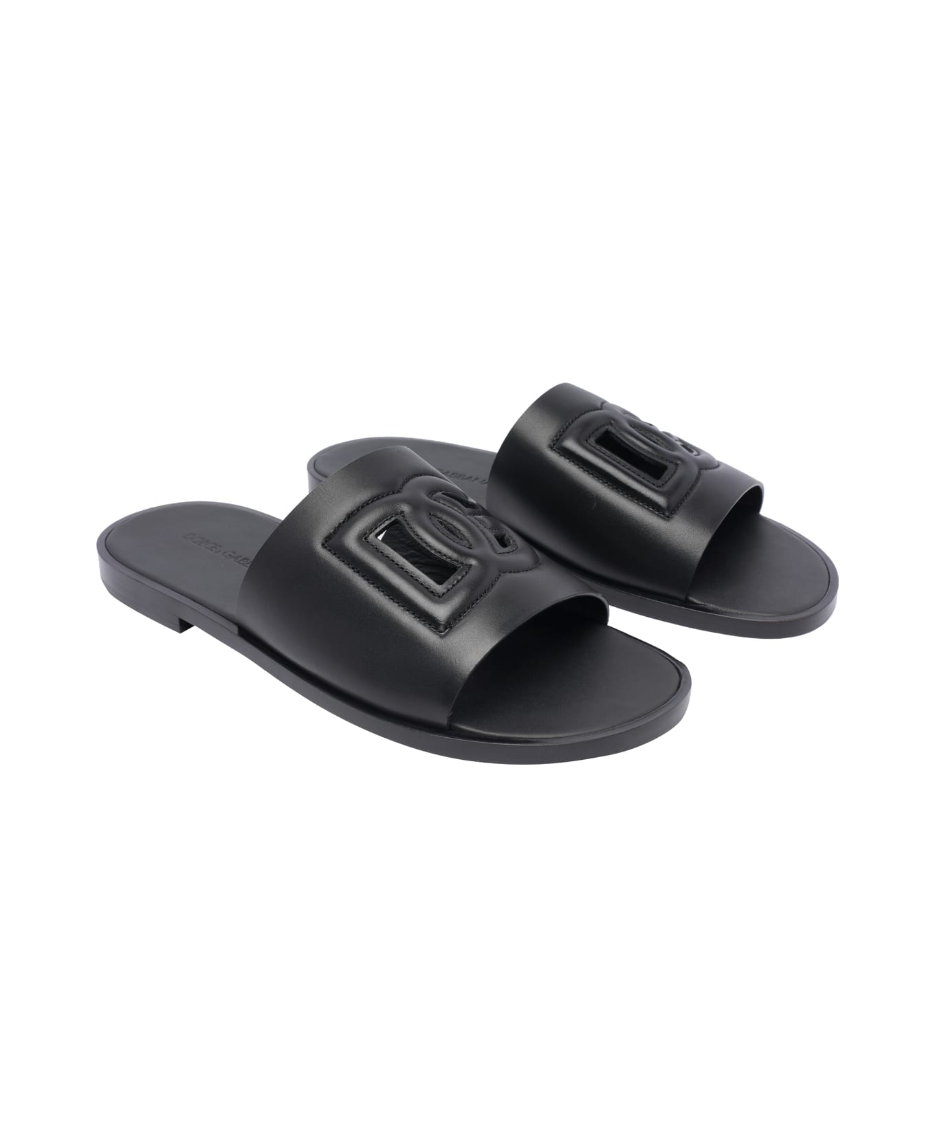 Dolce & Gabbana Leather Slide With Logo Dg - Black