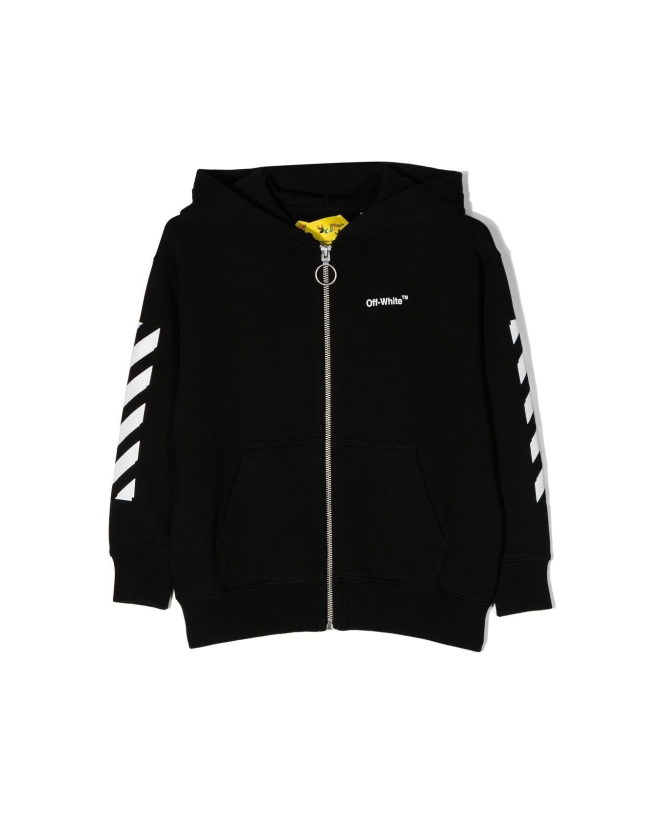 Off-White Zipped Hoodie With Logo-print And Diag Stripe Motif In Black Cotton Boy - Black