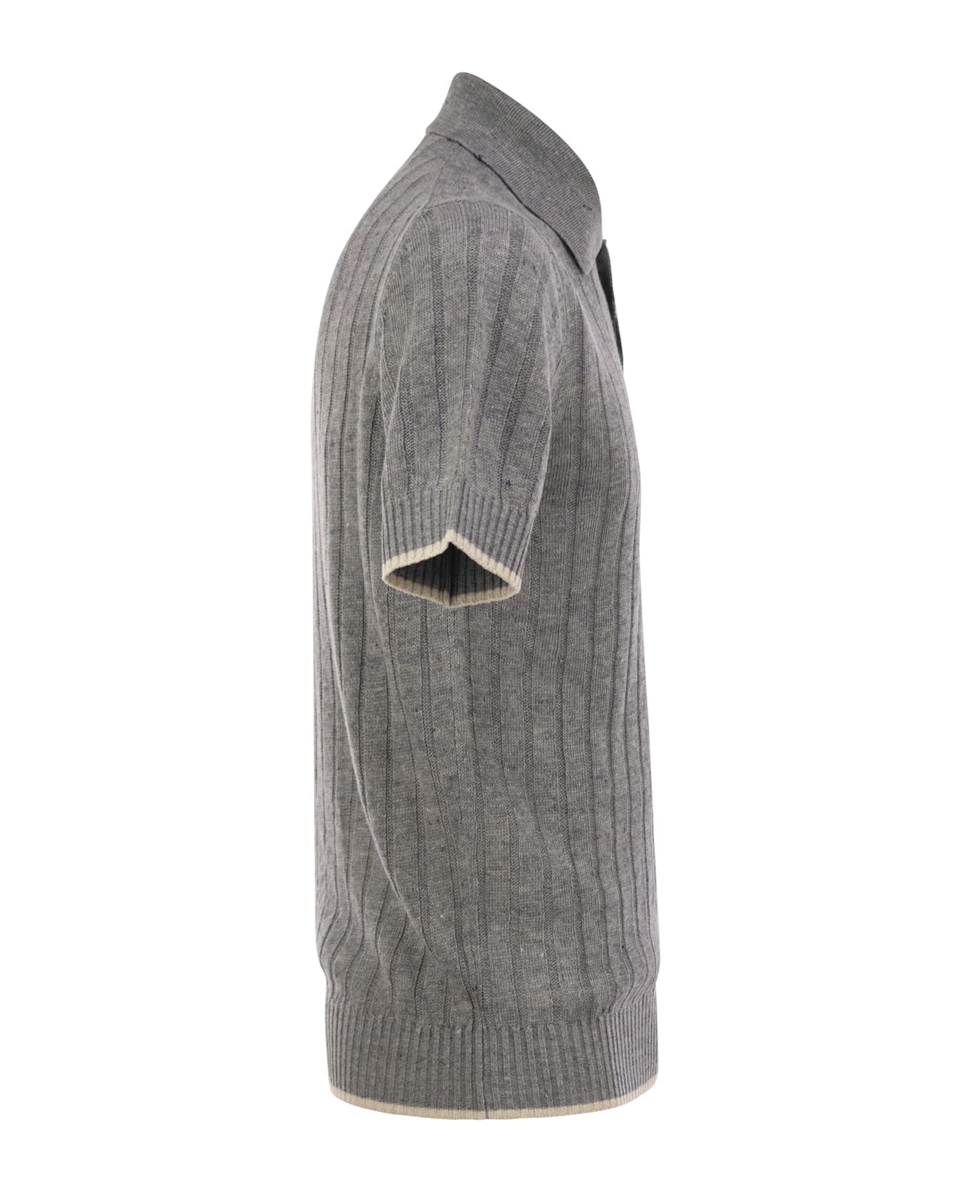 Brunello Cucinelli Linen And Cotton Knit Polo Shirt With Contrasting Detail - Grey
