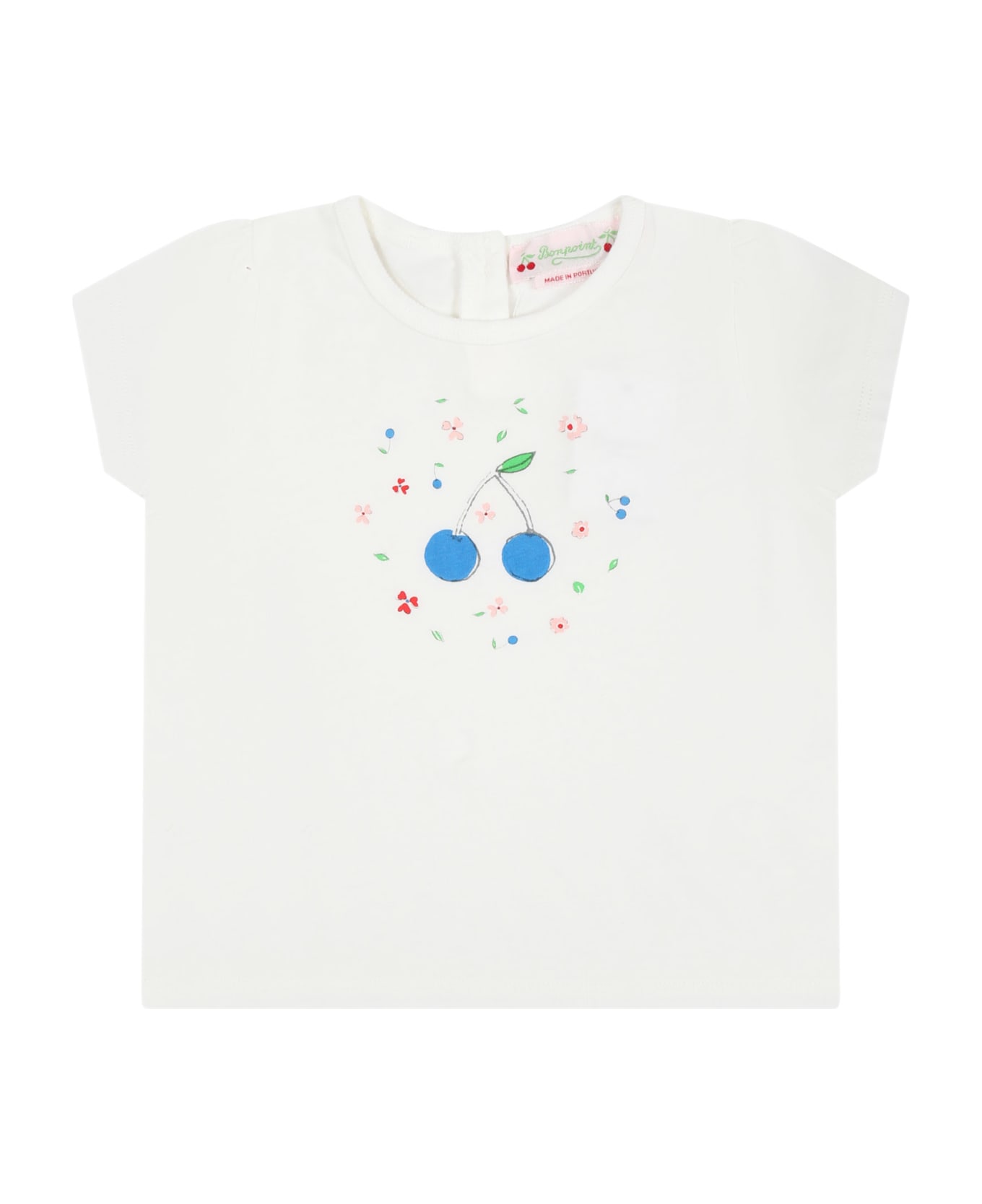 Bonpoint White T-shirt For Baby Girl With Cherries - White Tシャツ＆ポロシャツ