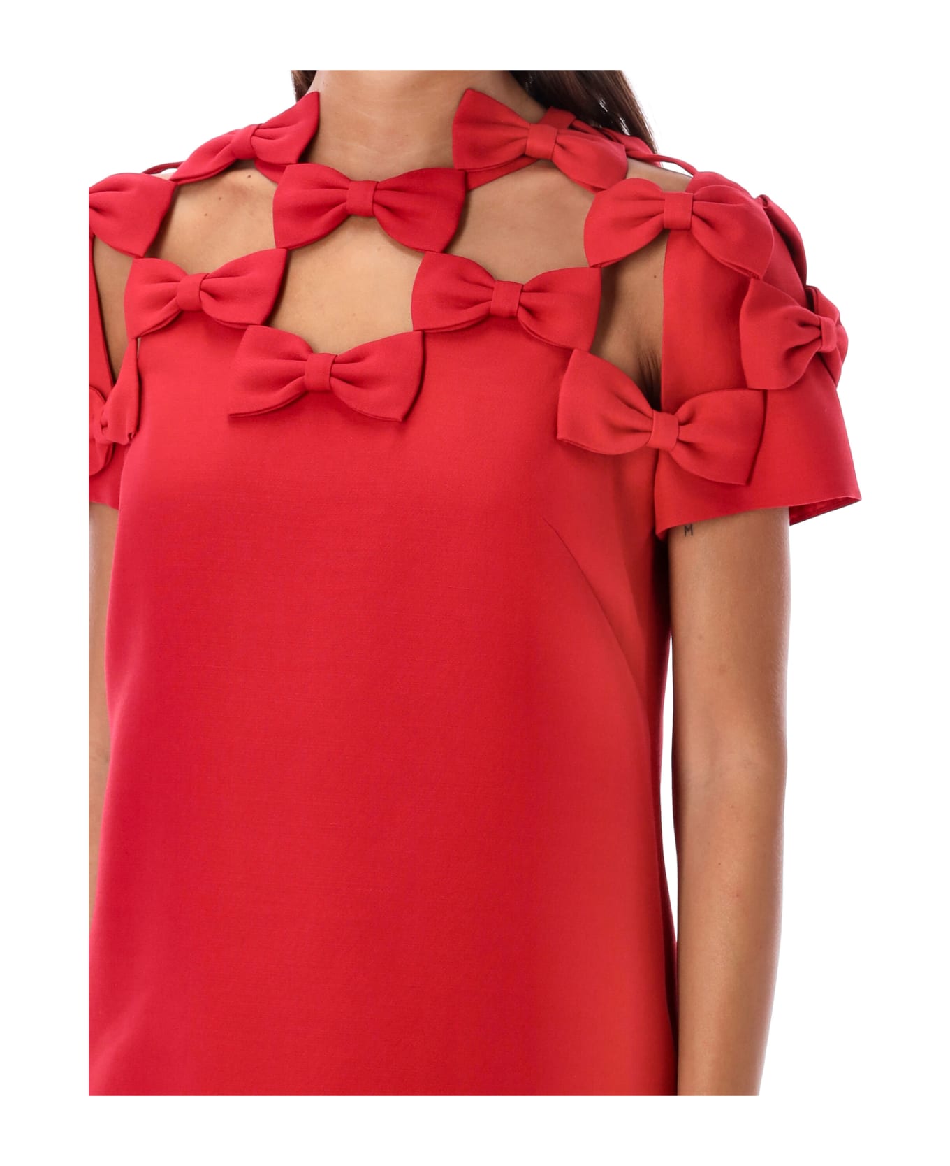 Valentino Garavani Embroidered Crepe Couture Bow Short Dress - RED