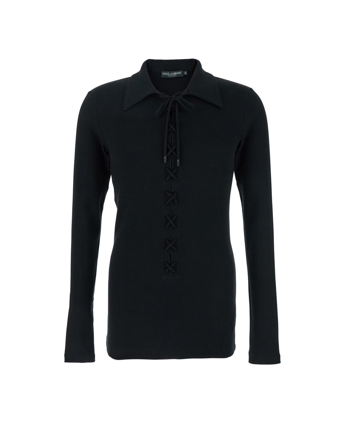 Dolce & Gabbana Black Sweater With Spread Collar And Cross Laces Closure In Cotton Stretch Woman - Black