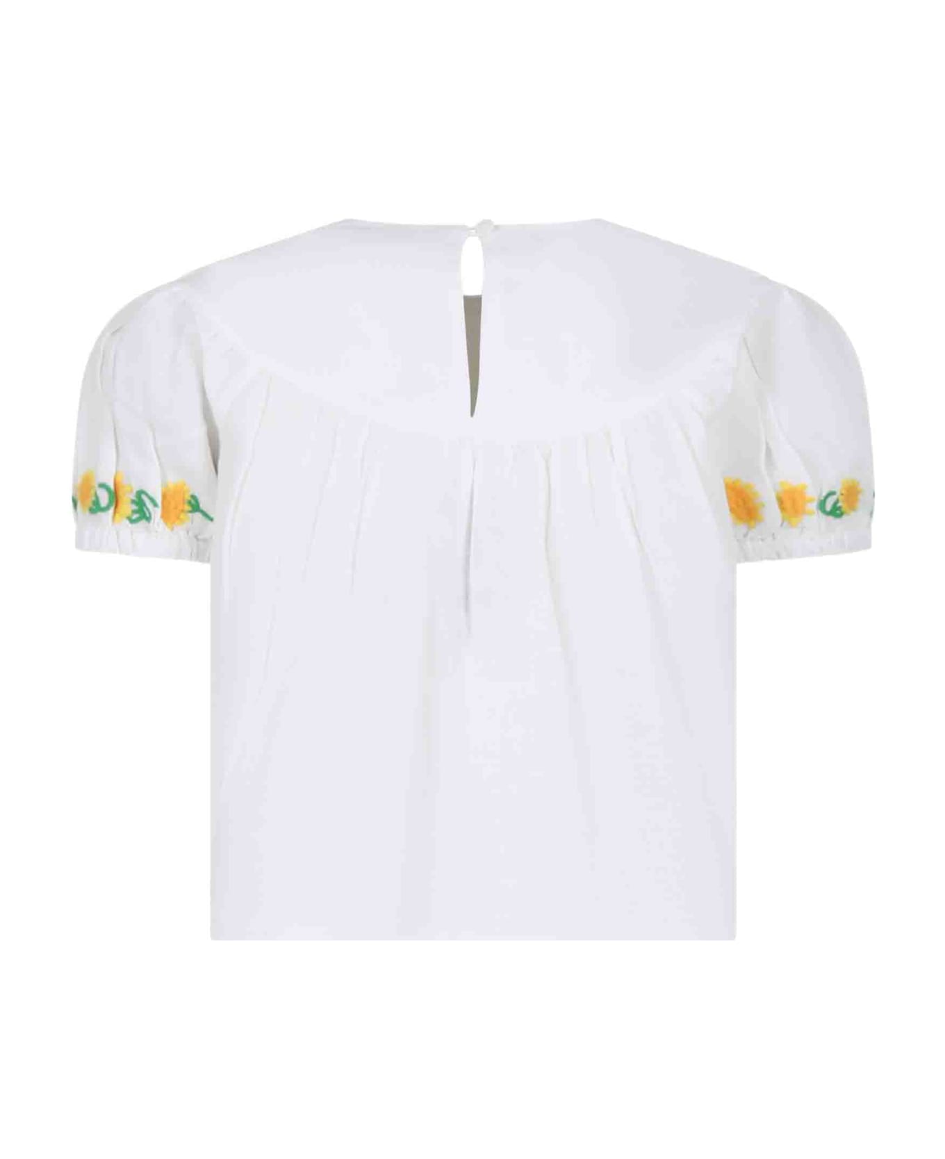 Stella McCartney Kids White Top For Girl With Embroidered Sunflowers - White