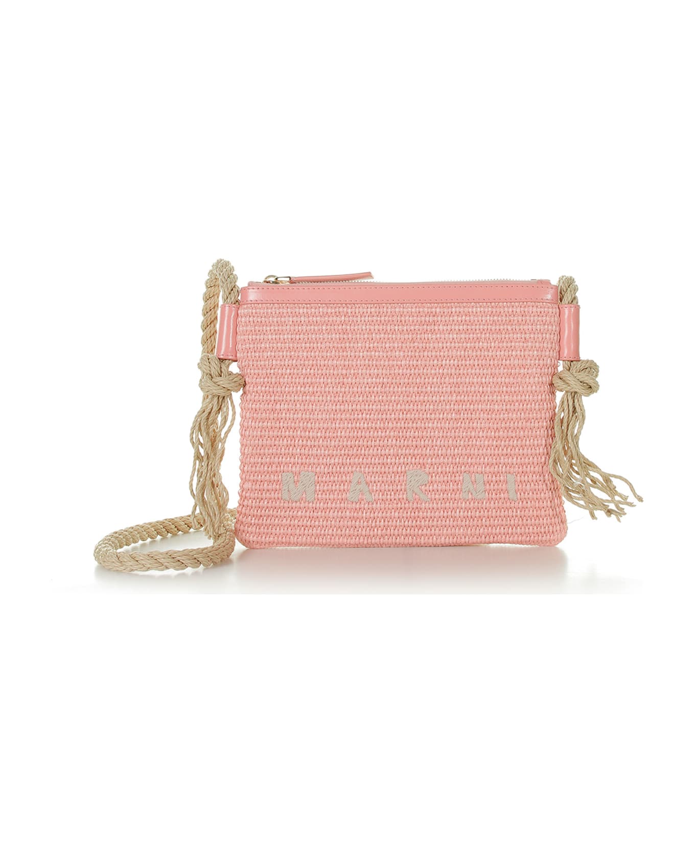 Marni Shoulder Bag In Raffia Fabric With Leather Profiles - LIGHT PINK/LIGHT PINK
