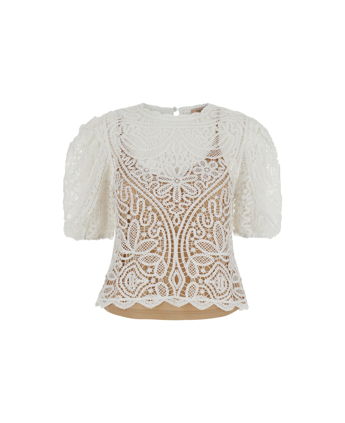 TwinSet White Balloon-sleeves Crochet Jumper In White Polyester - Bianco