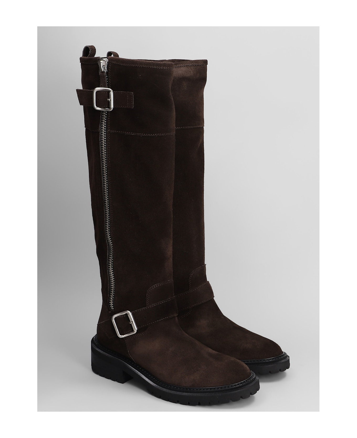 Via Roma 15 Low Heels Boots In Dark Brown Suede - dark brown