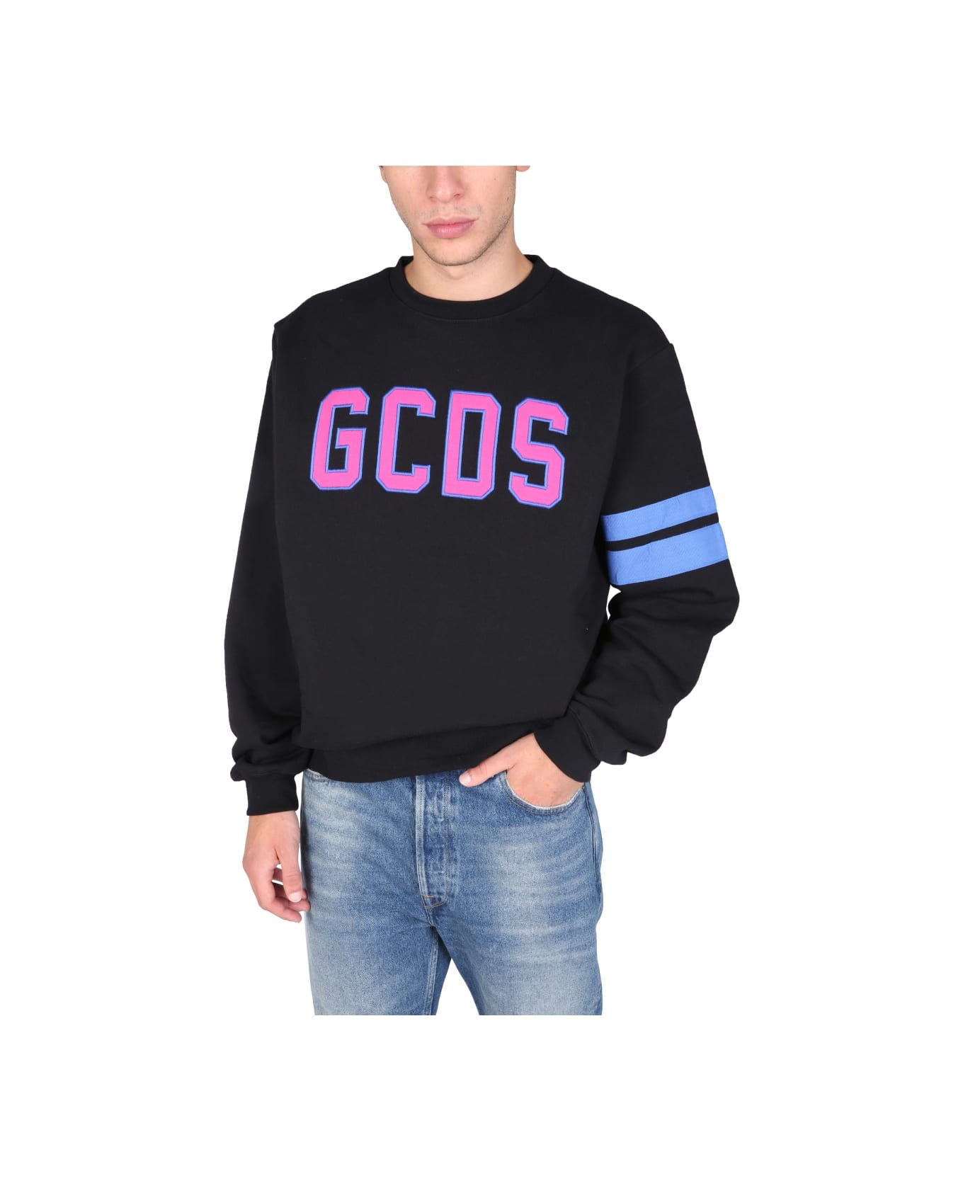 GCDS Logo Embroidered Cotton Sweatshirt - BLACK