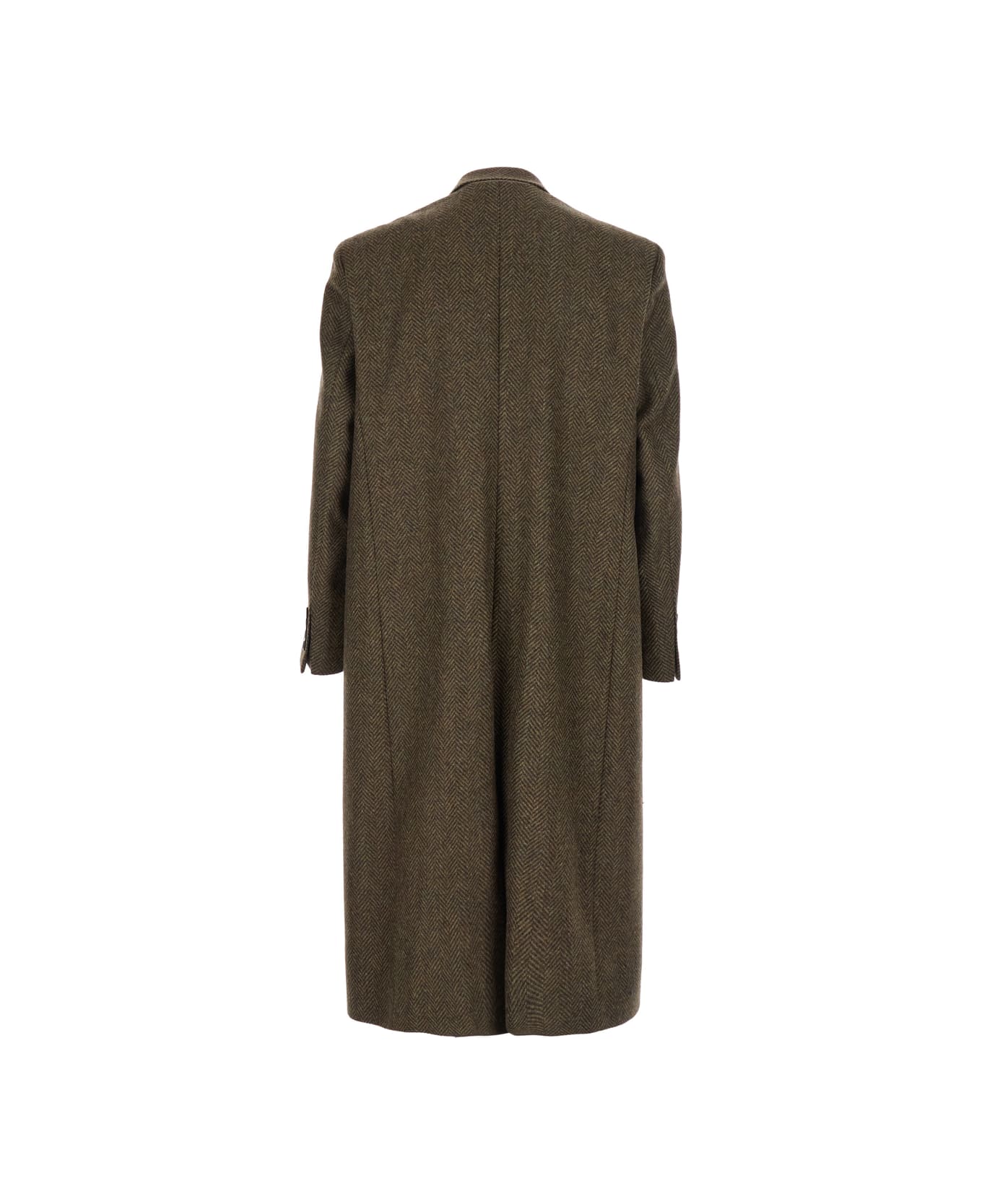 Sunflower Green Double-breasted Coat With Peak Revers And Herringbone Motif In Wool Man - Green