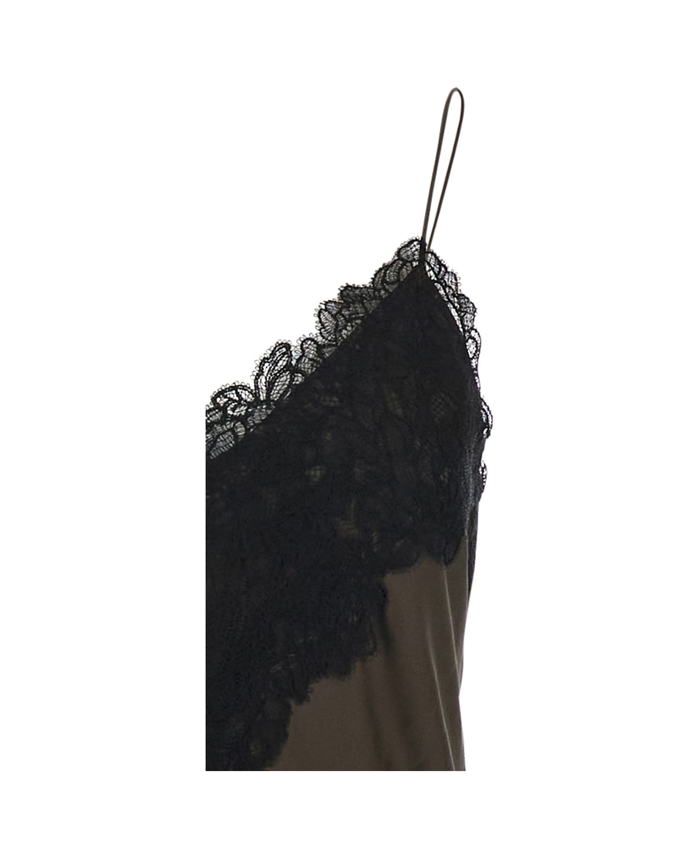 Róhe Brown Long Dress With Thin Shoulder Straps And Lace Details In Silk Woman - Brown