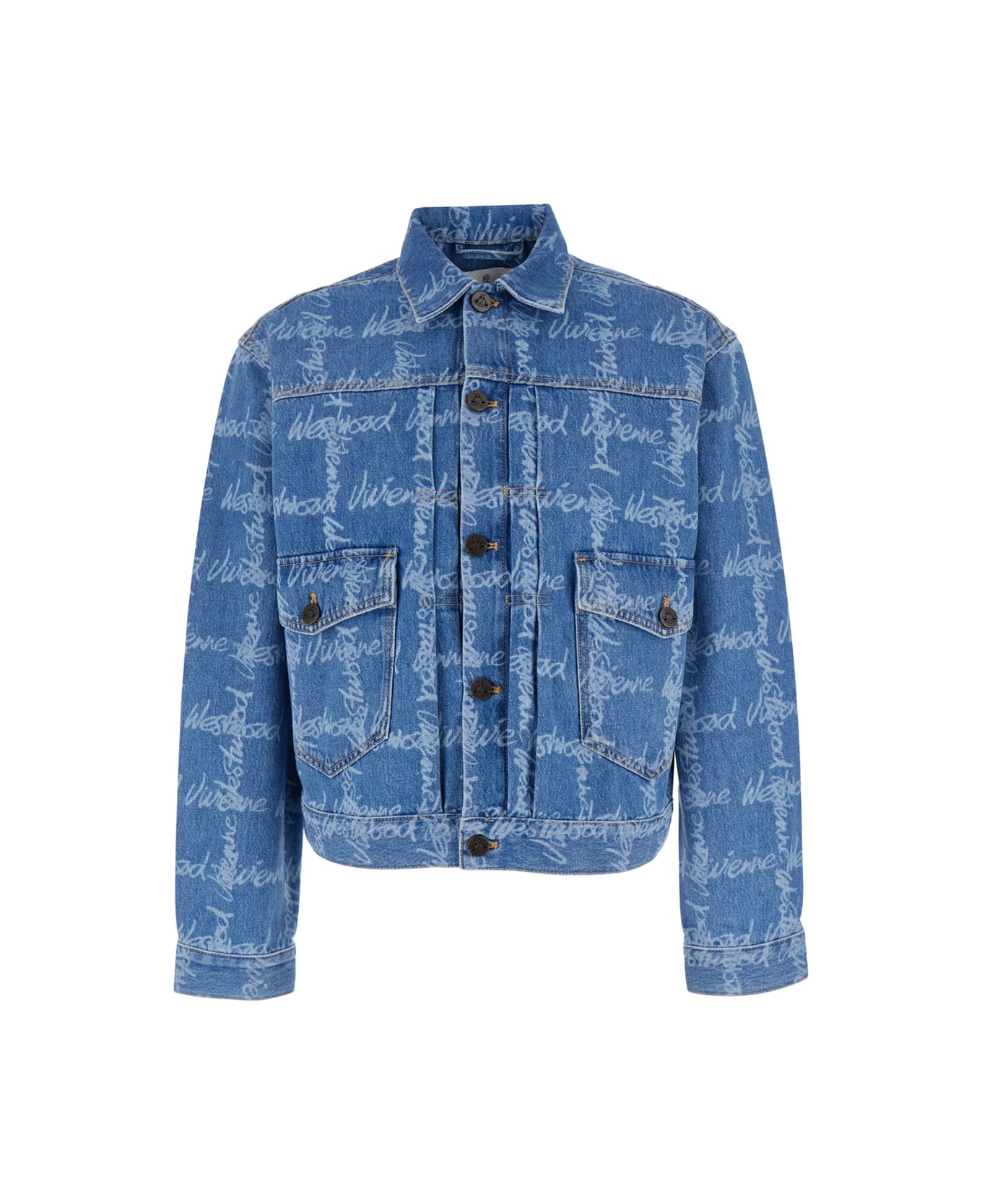 Vivienne Westwood 
marlene
 Blue Jacket With All-over Printed Lettering Logo In Denim Man - Blu