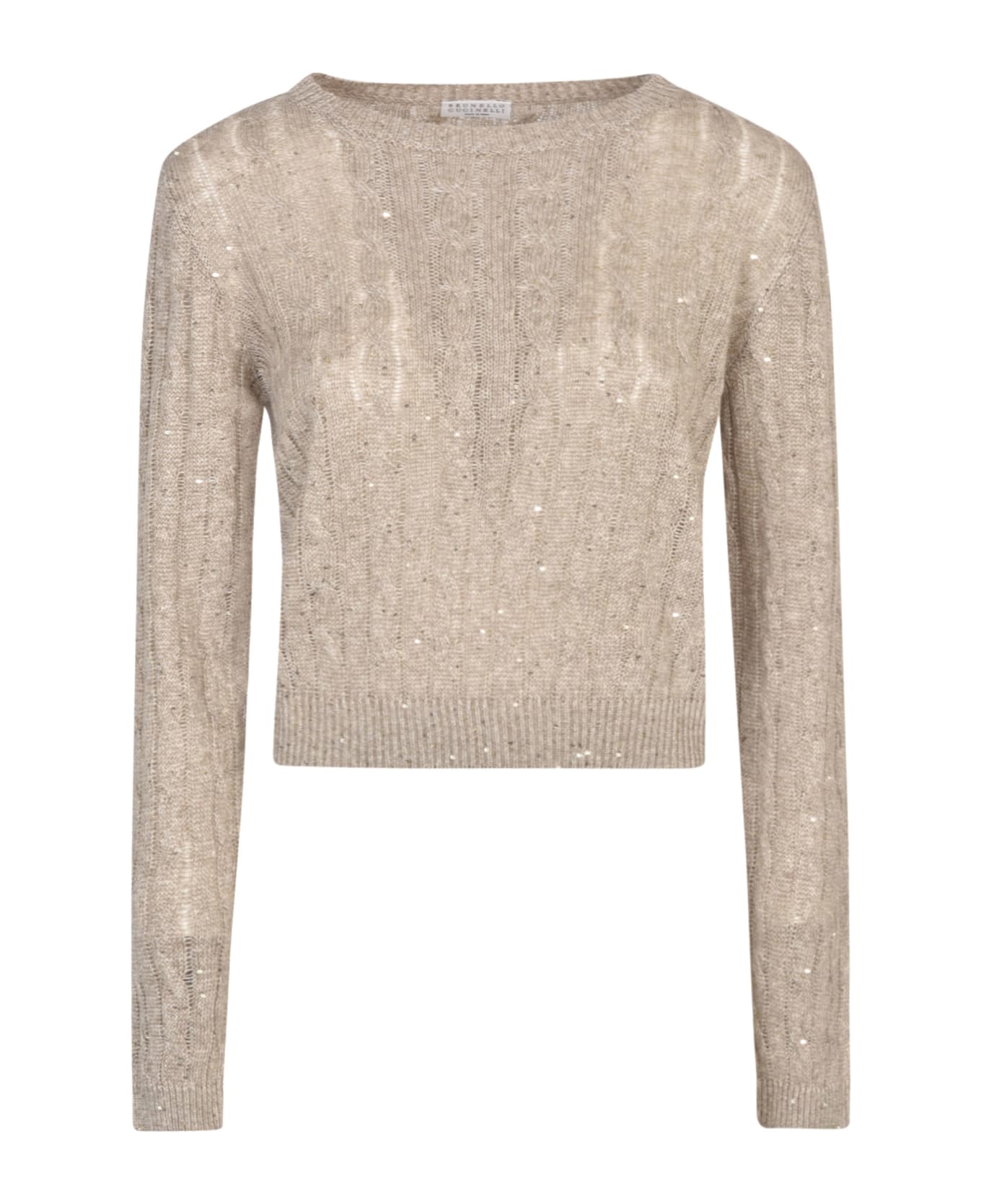 Brunello Cucinelli Micro Sequins Embellished Cable Knit Sweater - Beige
