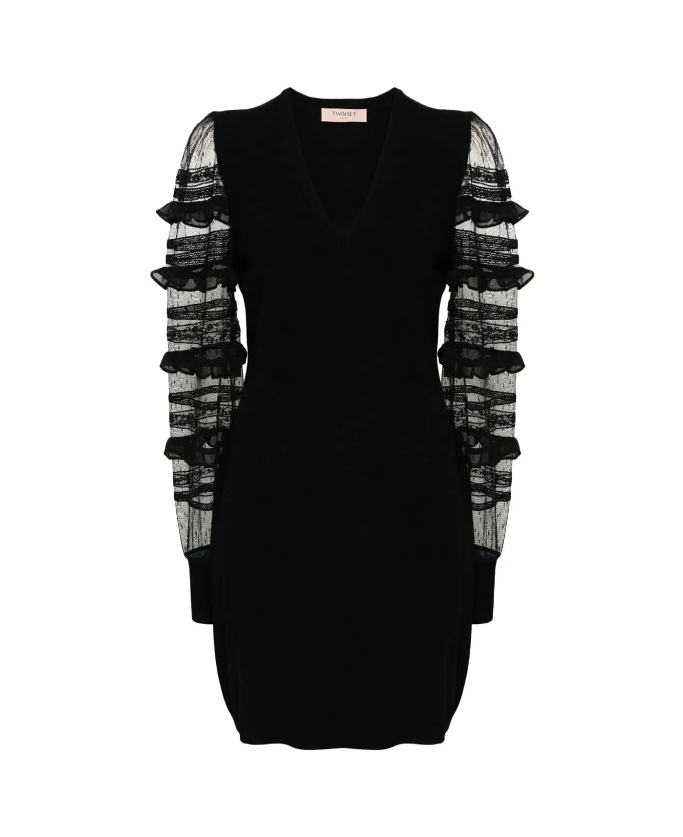 TwinSet Long Sleeves V Neck Mini Dress - Black