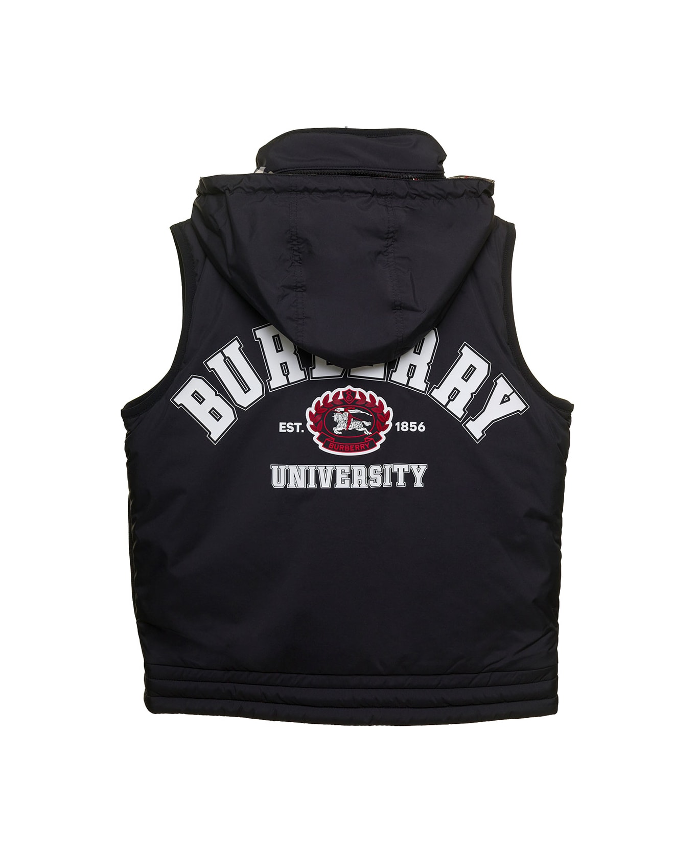 Burberry Black Quilted Hooded Vest With College-style Logo Print In Nylon Boy - Black