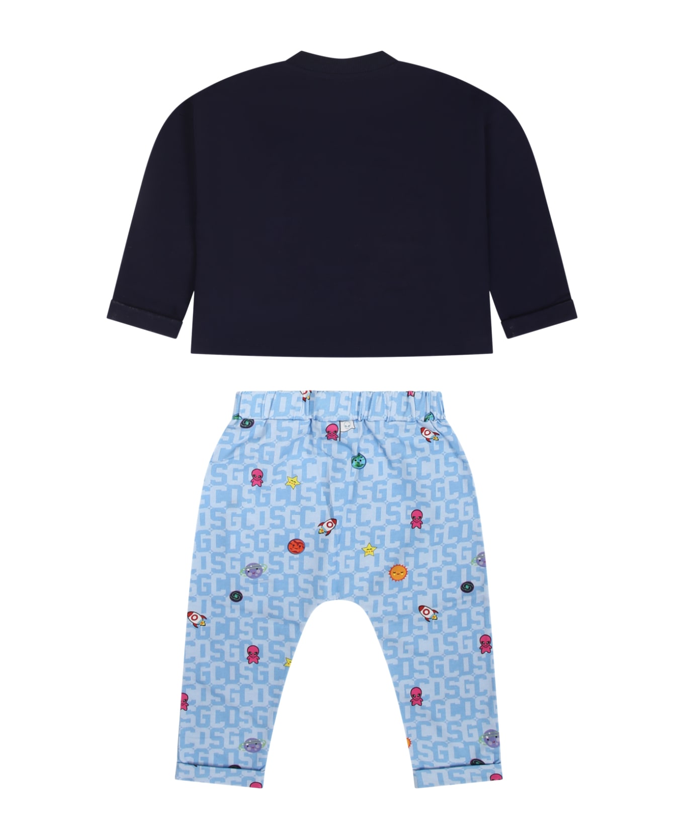 GCDS Mini Blue Pajamas For Baby Boy With Alien Print And Logo - Blue