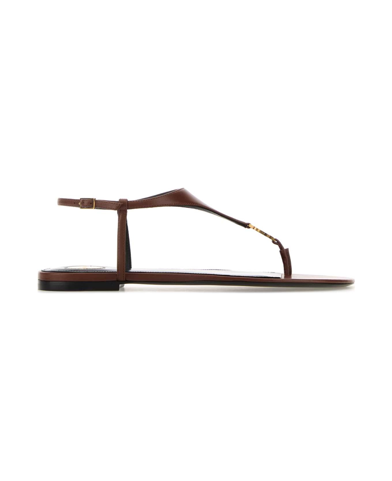 Saint Laurent Caramel Leather Cassandre Thong Sandals - AESTHETIC BROWN