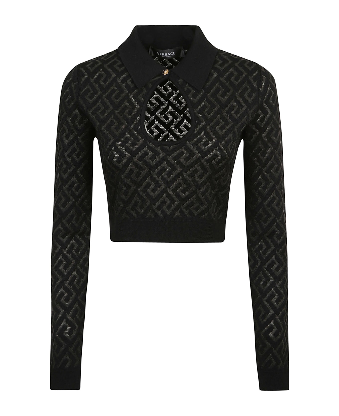 Versace All-over Logo Cut-out Detail Cropped Sweater - Black
