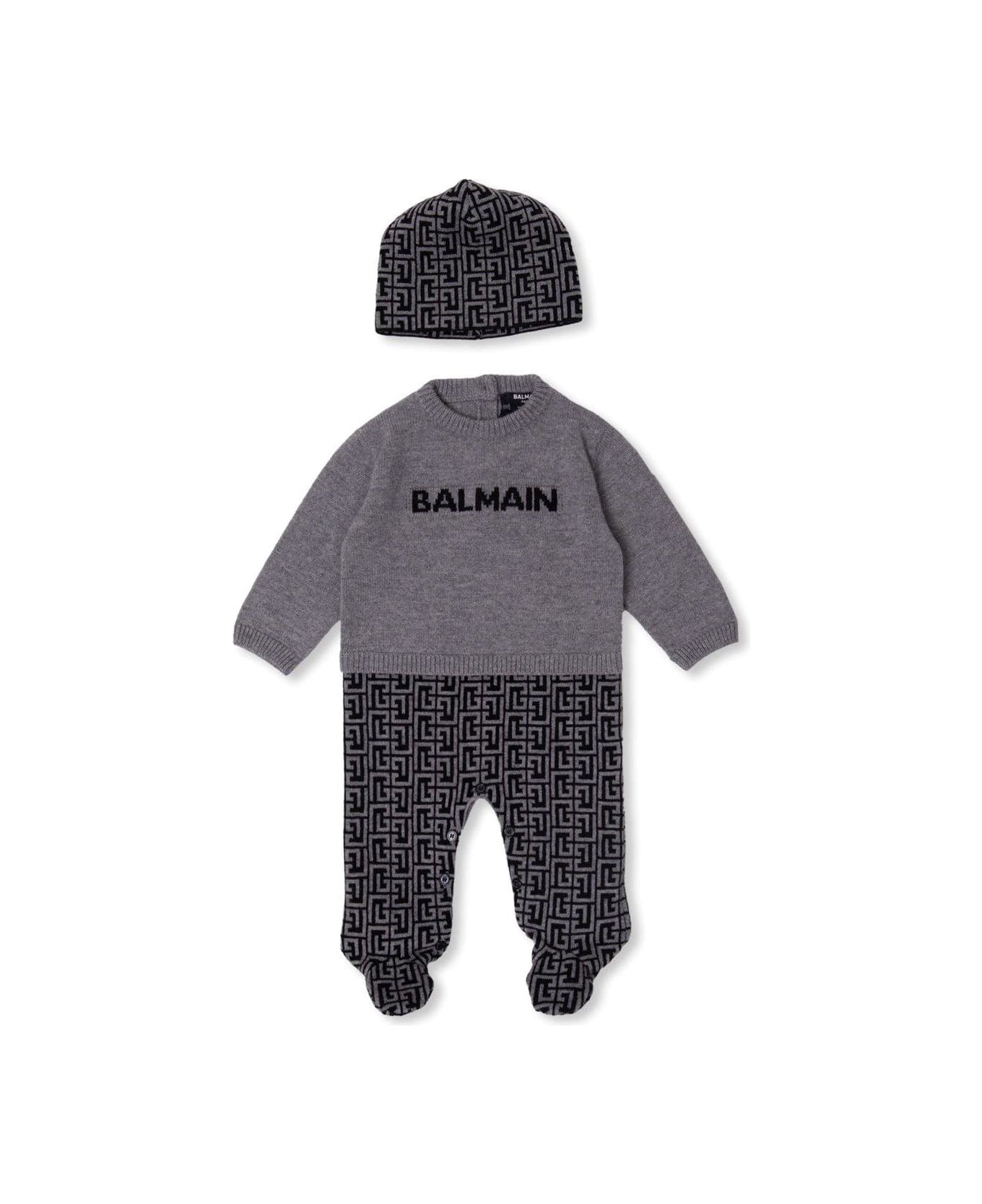 Balmain Logo-intarsia Knitted Babygrow Set - Black/grey