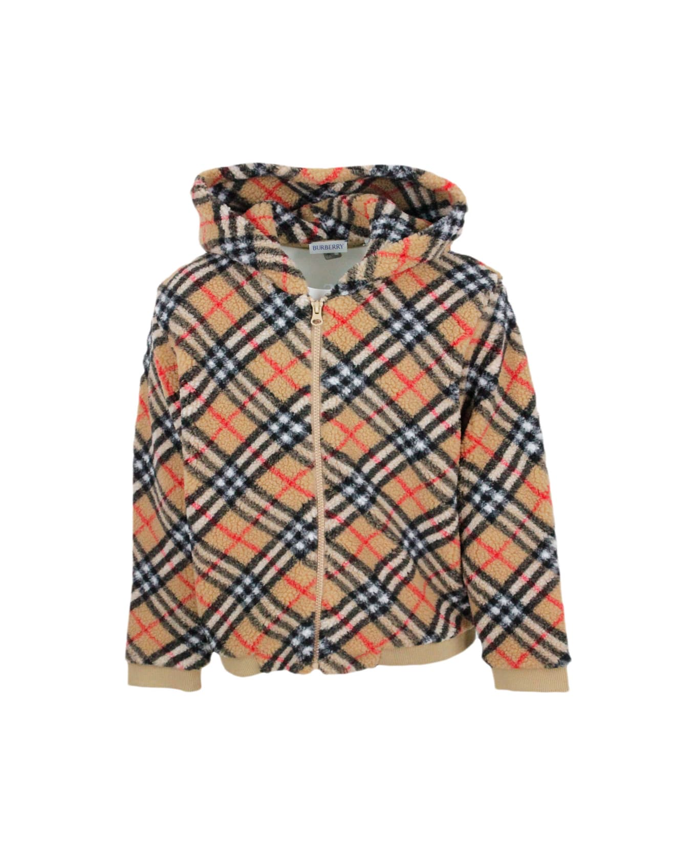 Burberry Long-sleeved Fleece Zip-up Hoodie With Check Pattern And Ribbed Fabric Cuffs - Beige ニットウェア＆スウェットシャツ