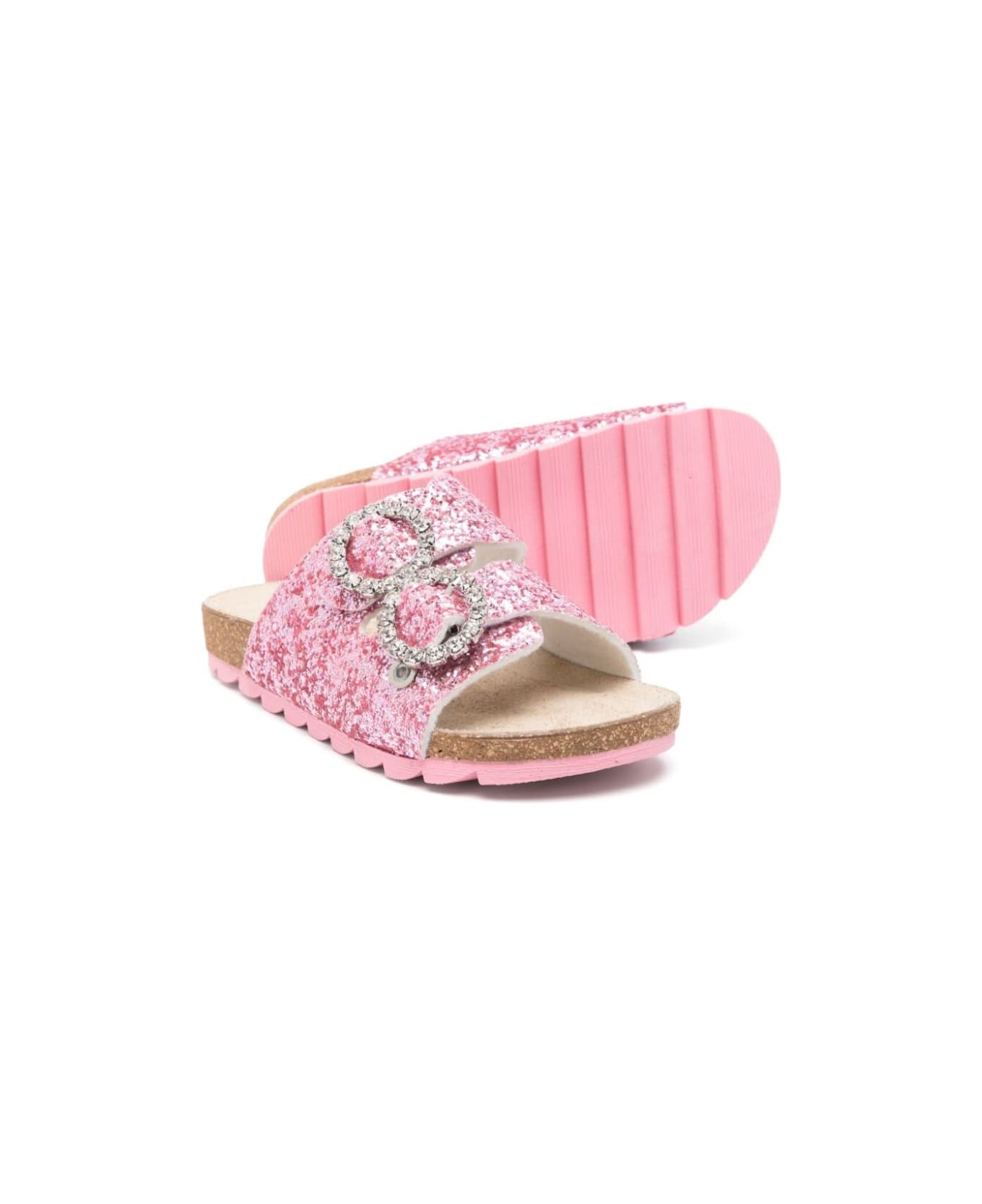 Monnalisa Pink Glittered Sandals With Crystal Buckle In Tech Fabric Girl - Pink