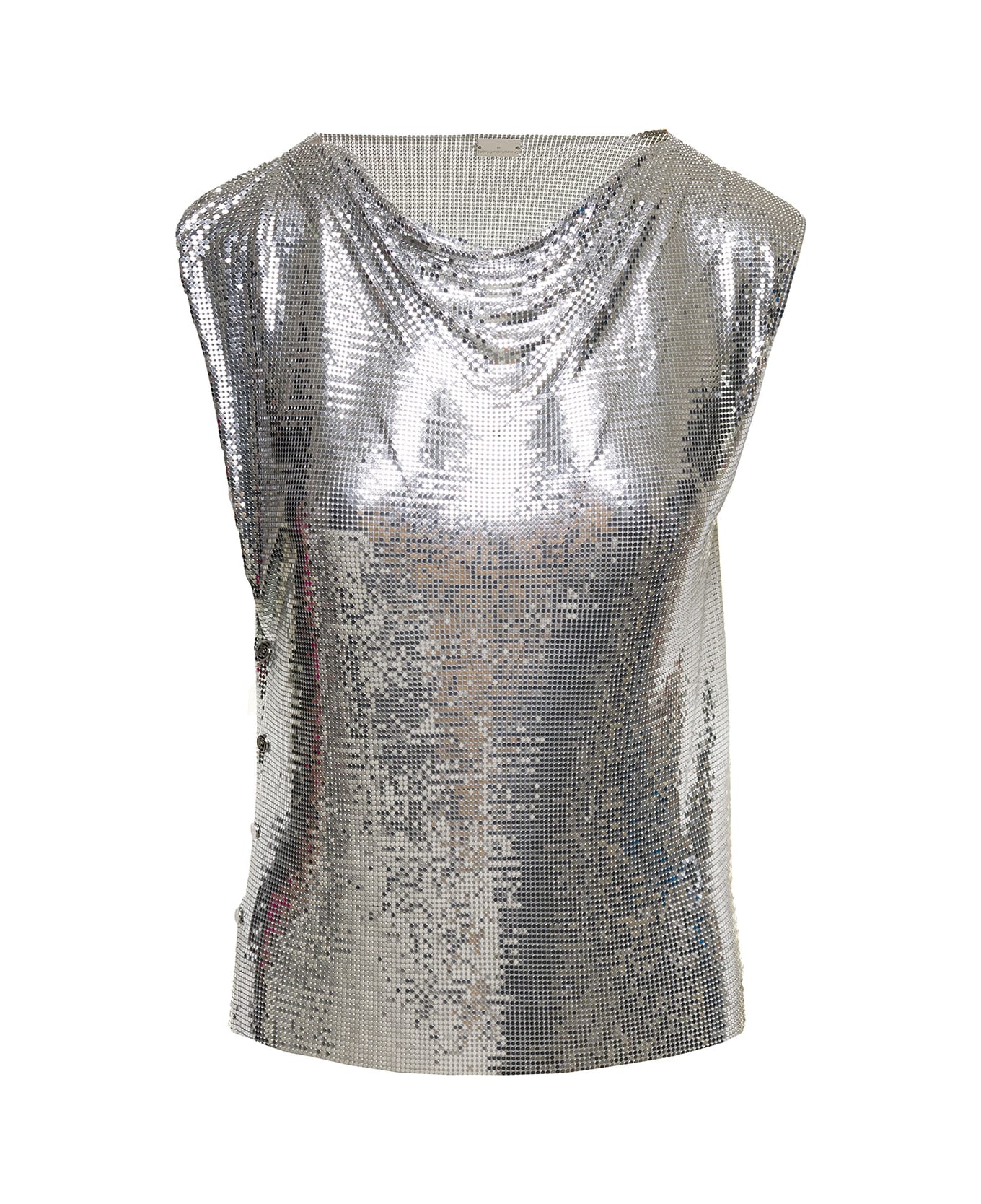 Paco Rabanne Silver-colored Sleeveless Top With Draped Neckline In Metal Mesh Woman - Argento