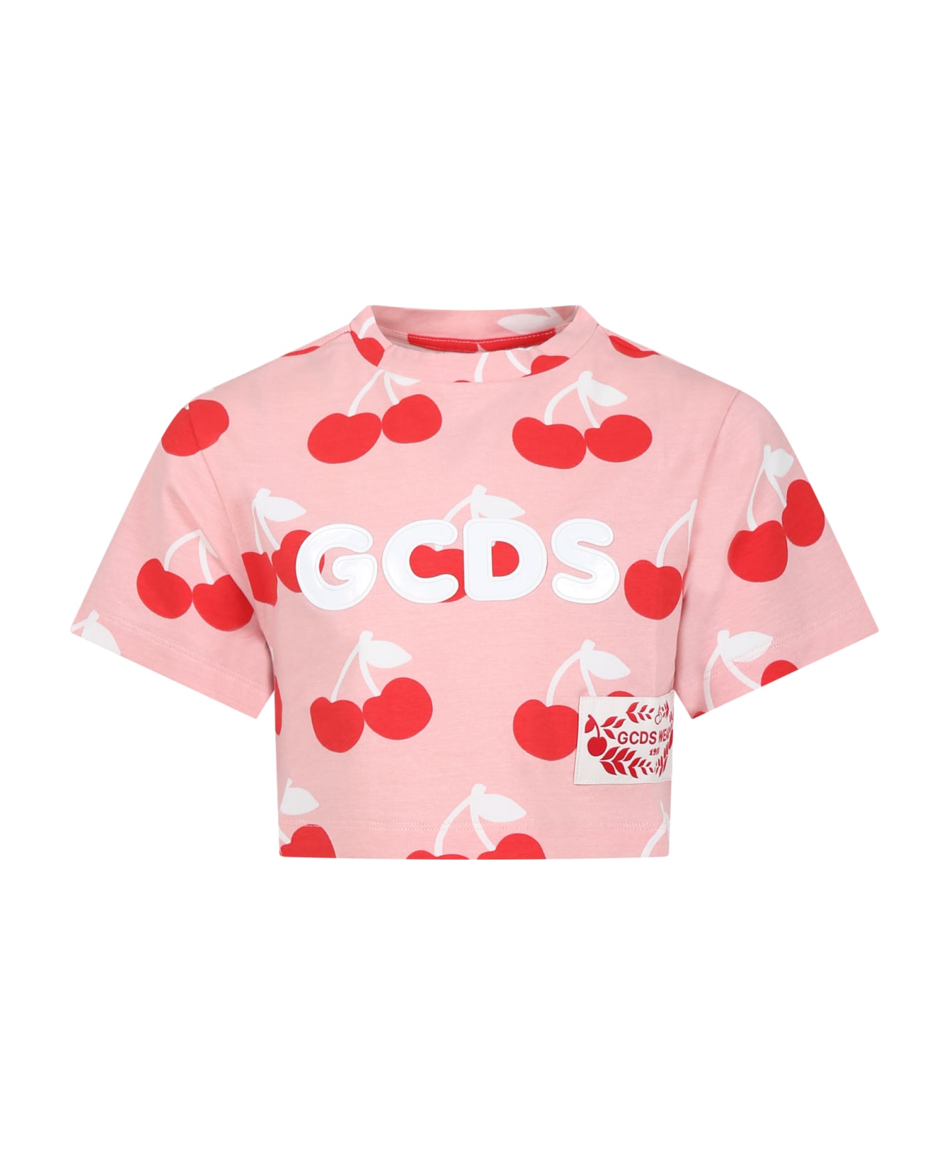 GCDS Mini Pink T-shirt For Girl With All-over Cherry Print - Pink Tシャツ＆ポロシャツ
