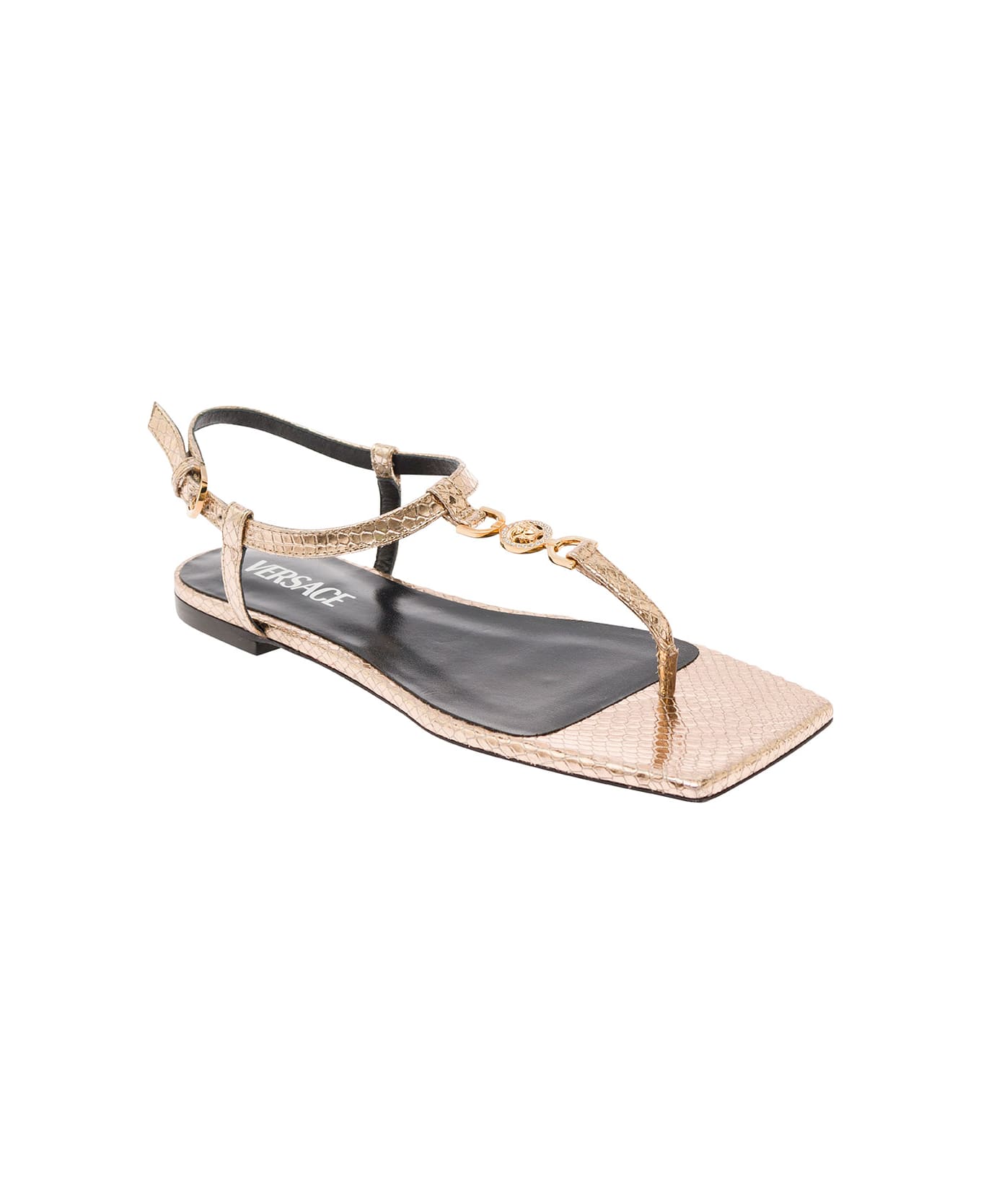 Versace 'medusa '95' Gold-colored Low Sandals With Logo Detail In Snake-printed Leather Woman - Metallic