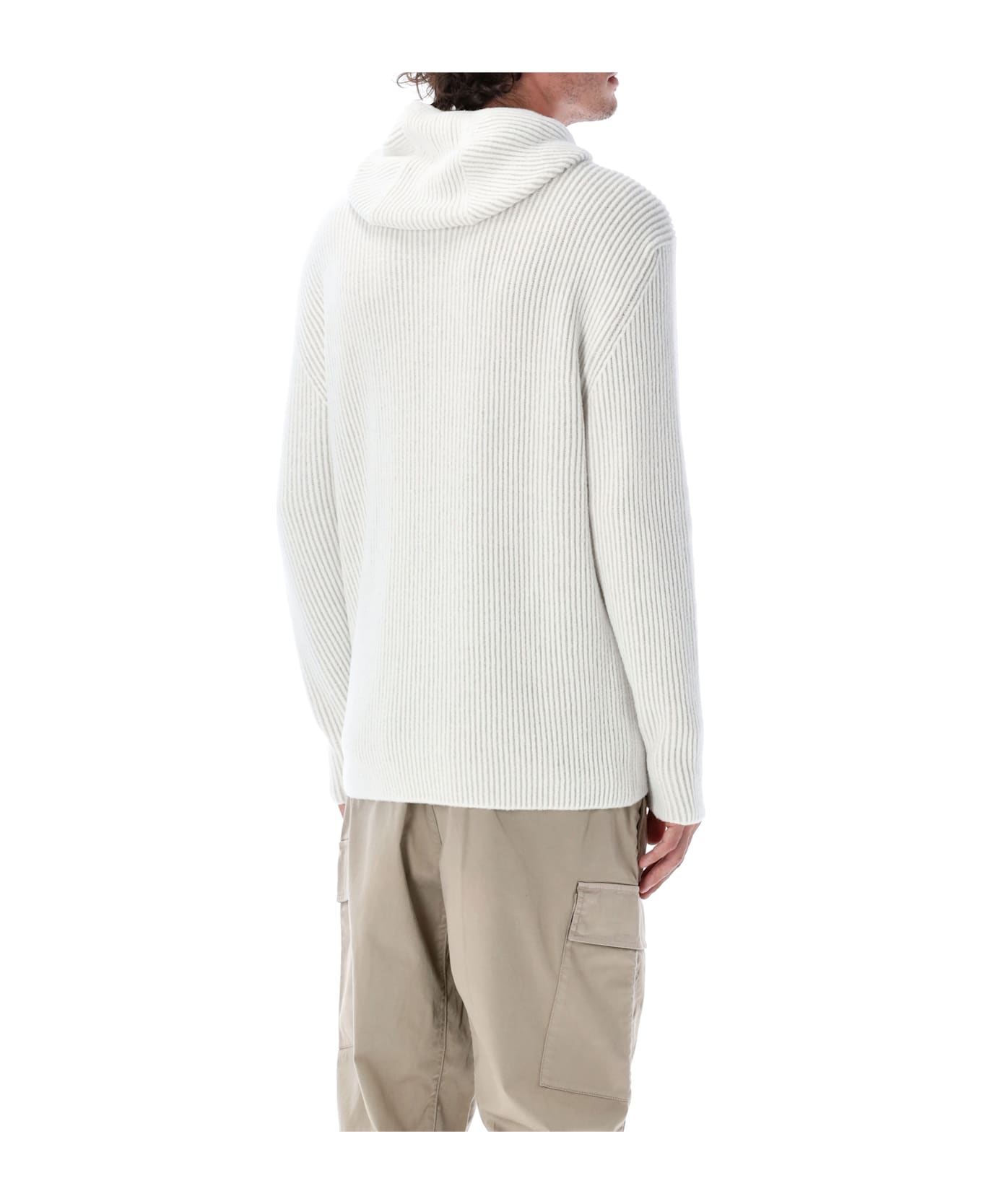 C.P. Company White Ribbed Knit Hooded Cardigan - WHITE MELANGE