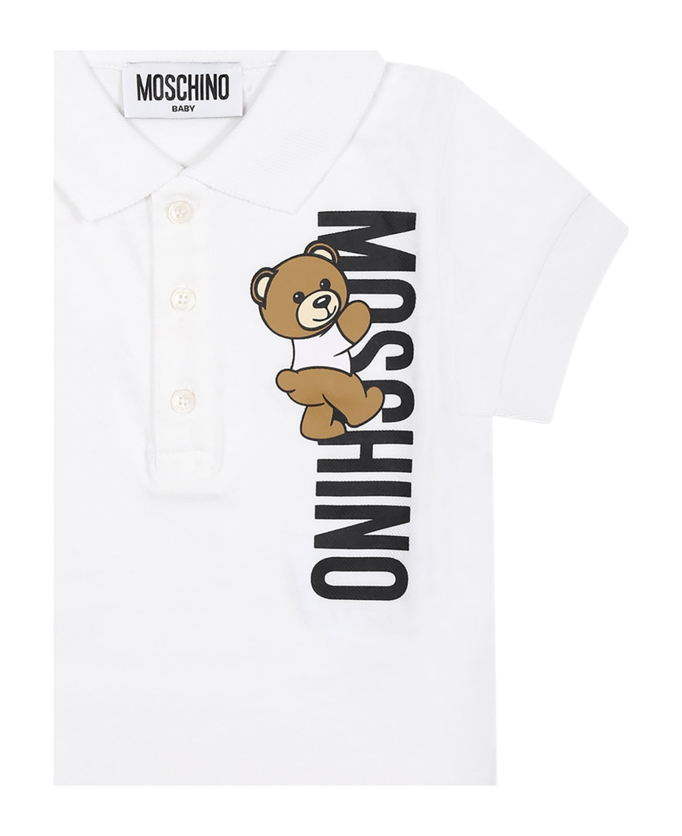 Moschino White Polo Shirt For Baby Boy With Teddy Bear And Logo - White