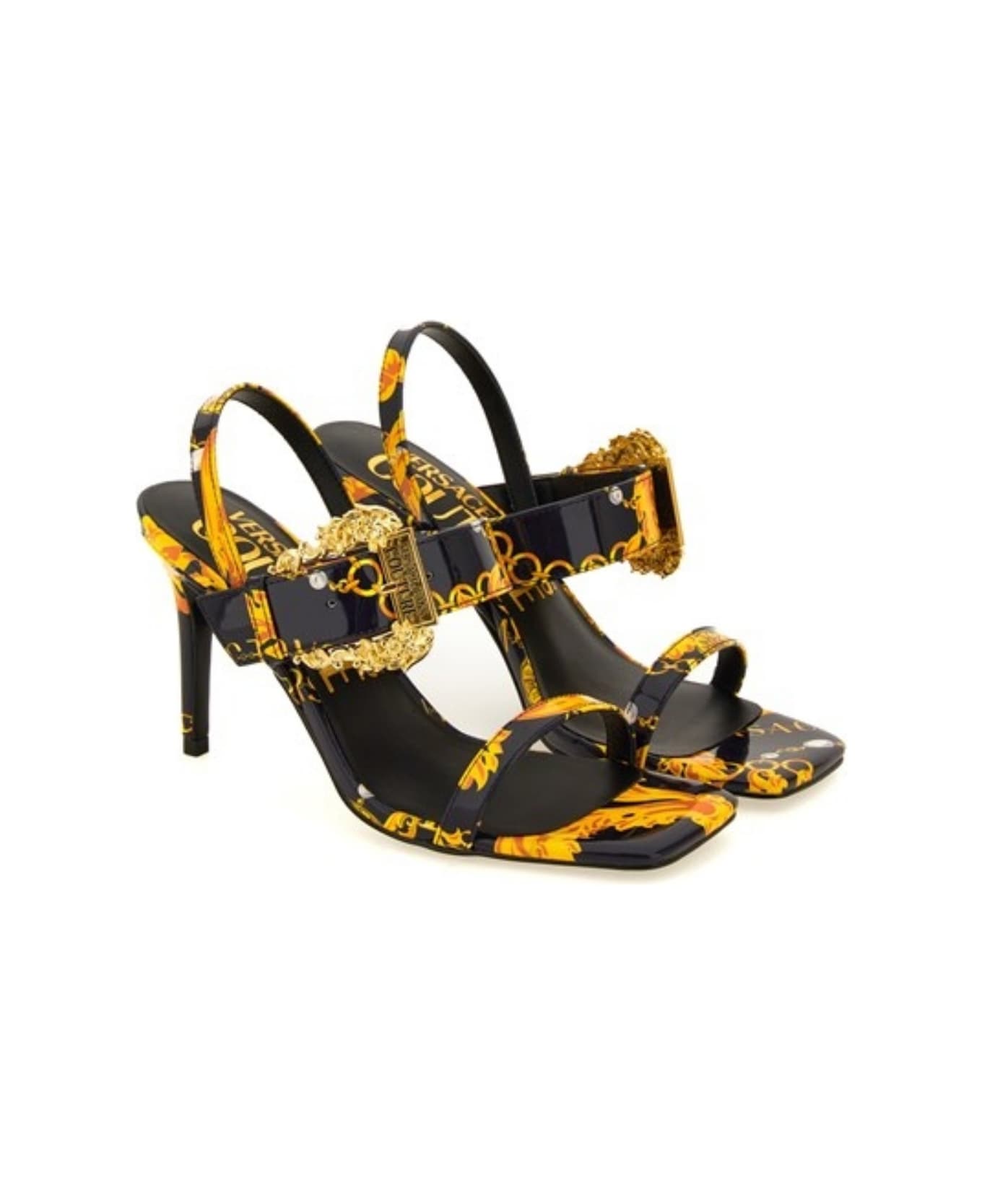 サンダル・ミュール VERSACE Heeled sandals VERSACE Embellished metallic snake-effect leather sandals