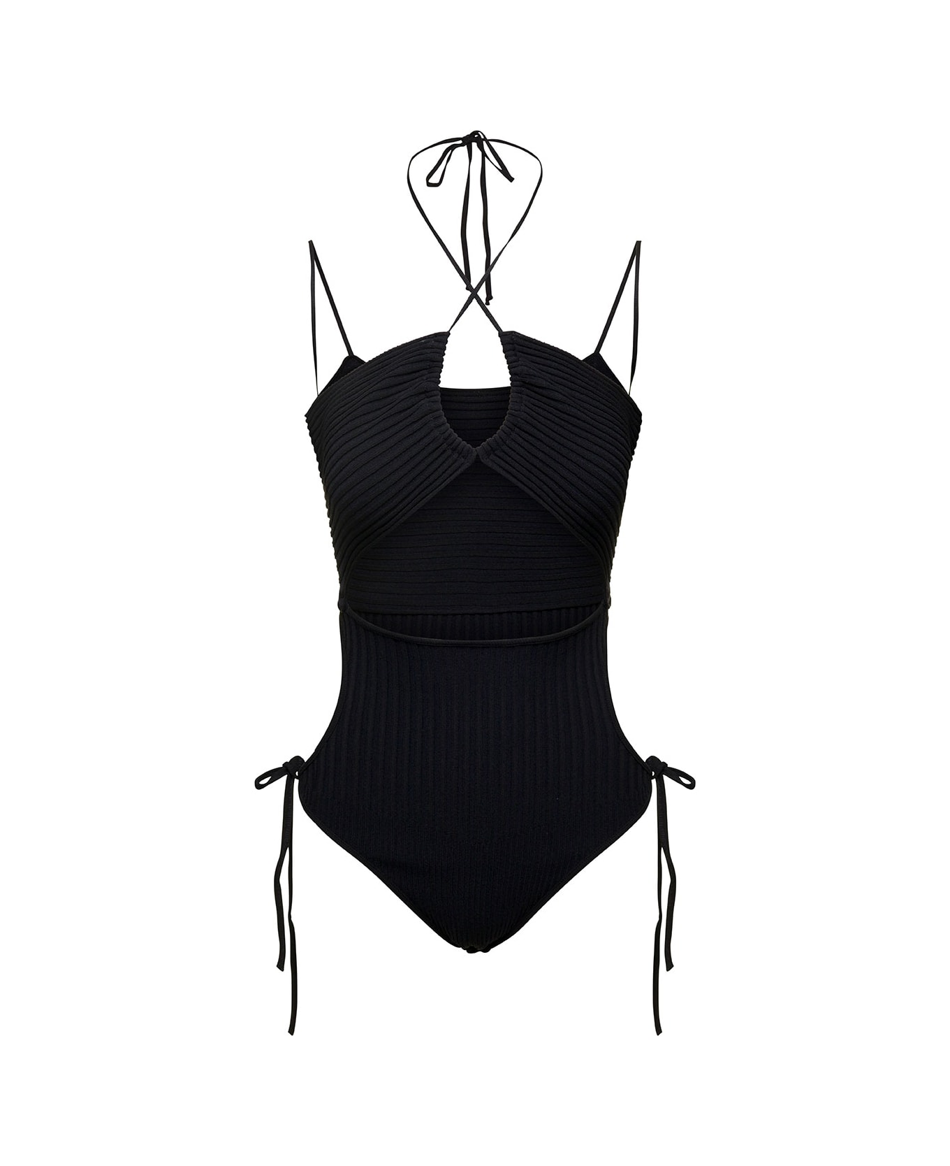 ANDREĀDAMO Black Ribbed Body-suit With Cut-out Detail And Halterneck In Viscose Blend Woman - Black