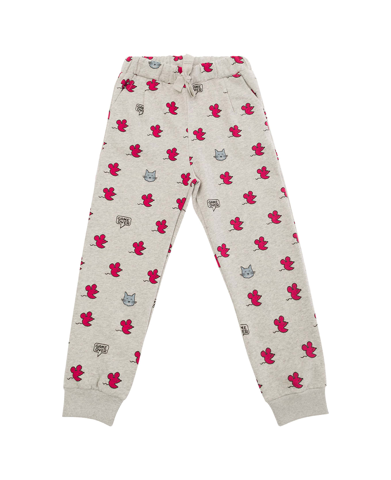 Emile Et Ida Grey Pants With All-over Mouse And Cats Print In Cotton Girl - Multicolor