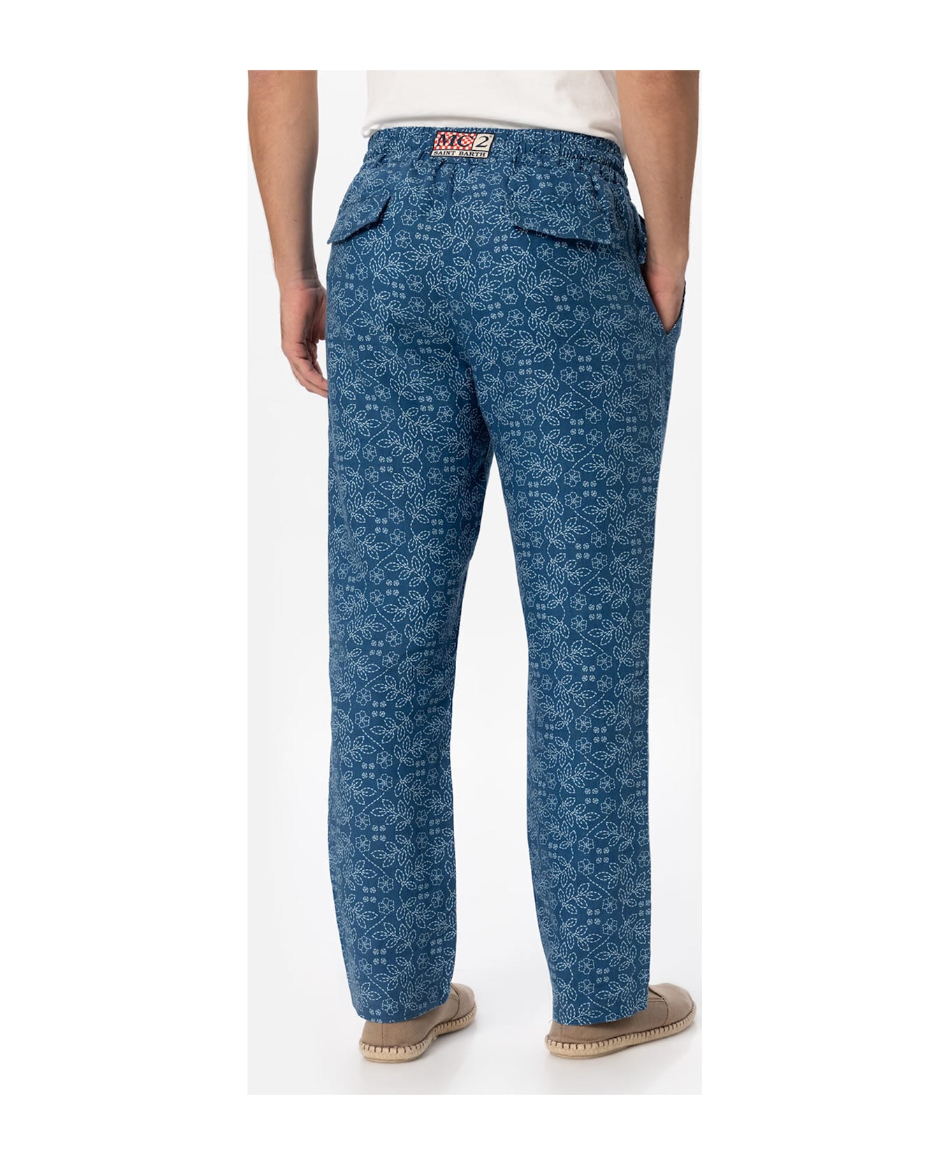 MC2 Saint Barth Man Printed Linen Calais Pants With Drawstring - BLUE