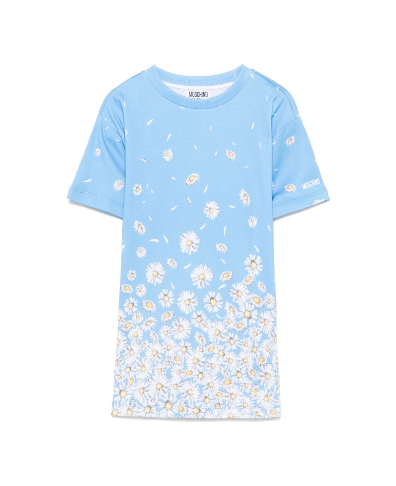 Moschino Light Blue Crewneck Dress With Logo Lettering On The Sleeve And All-over Floral Motif In Cotton Girl - Light blue