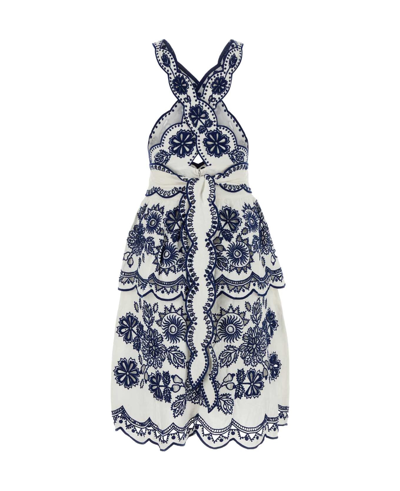 Farm Rio Embroidered Linen Blend Richelieu Dress - OFFWHITE
