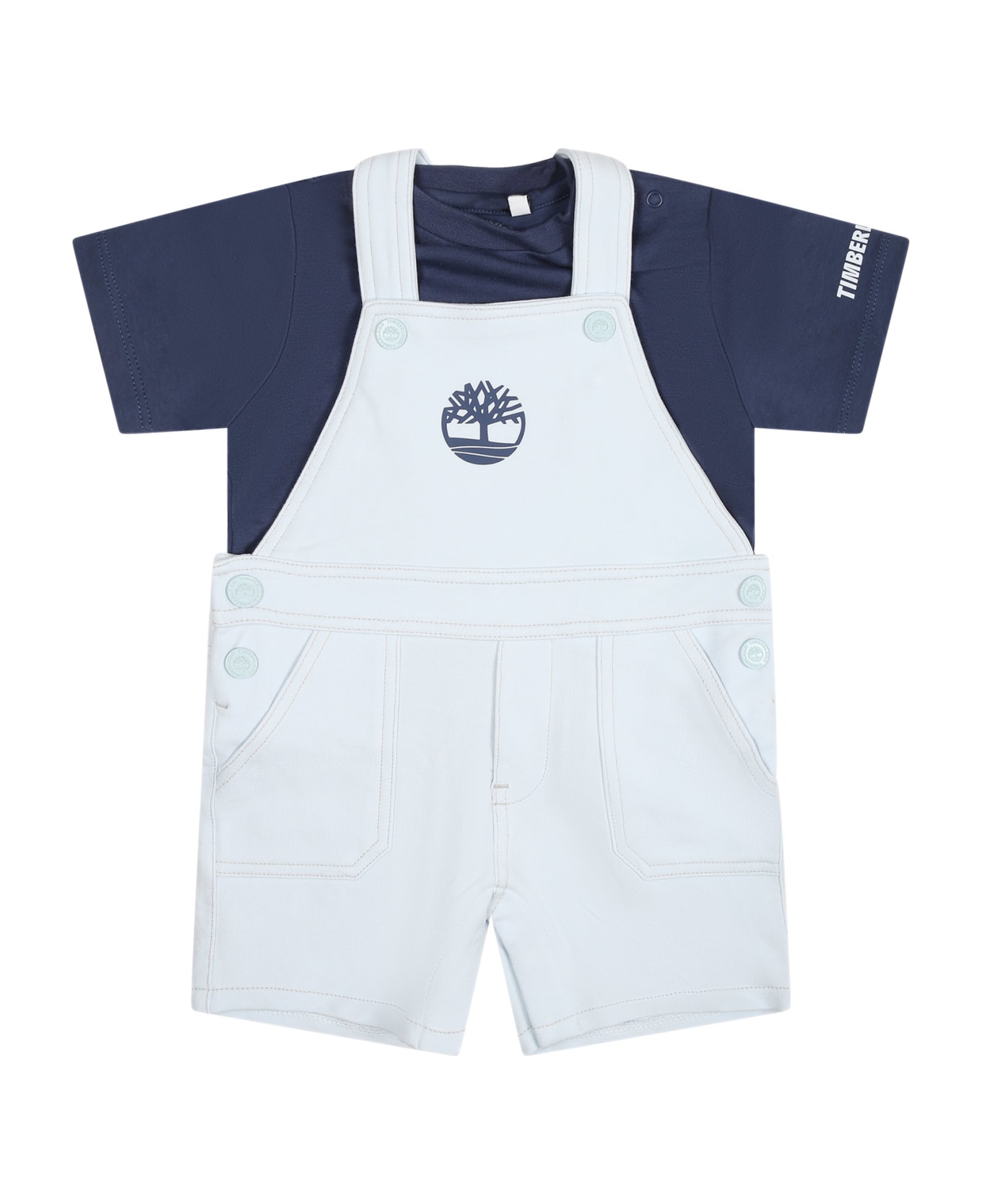 Timberland Blue Dungarees For Baby Boy With Logo - Blue コート＆ジャケット