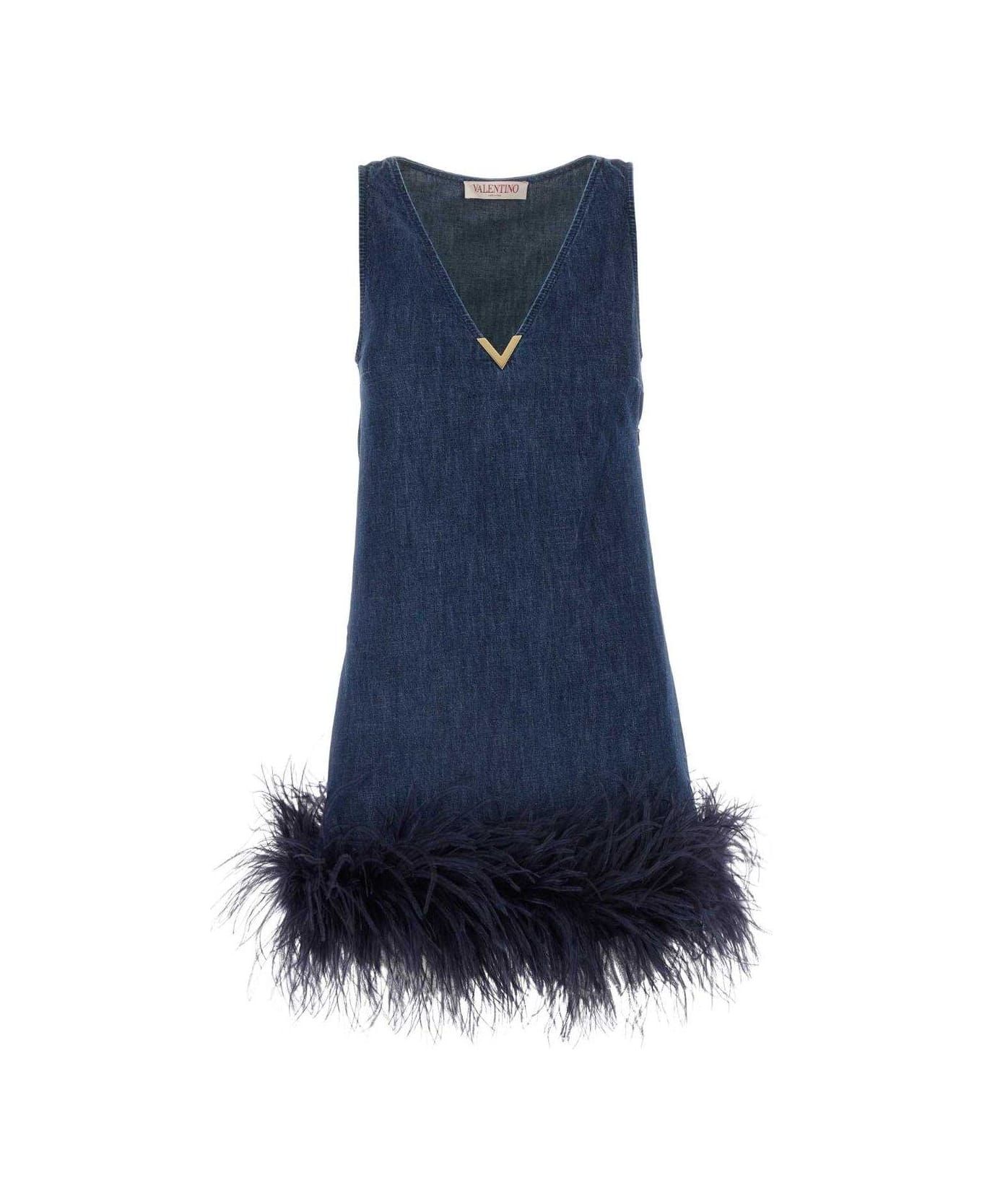 Valentino Garavani Logo Plaque V-neck Denim Dress - MEDIUMBLUEDENIM