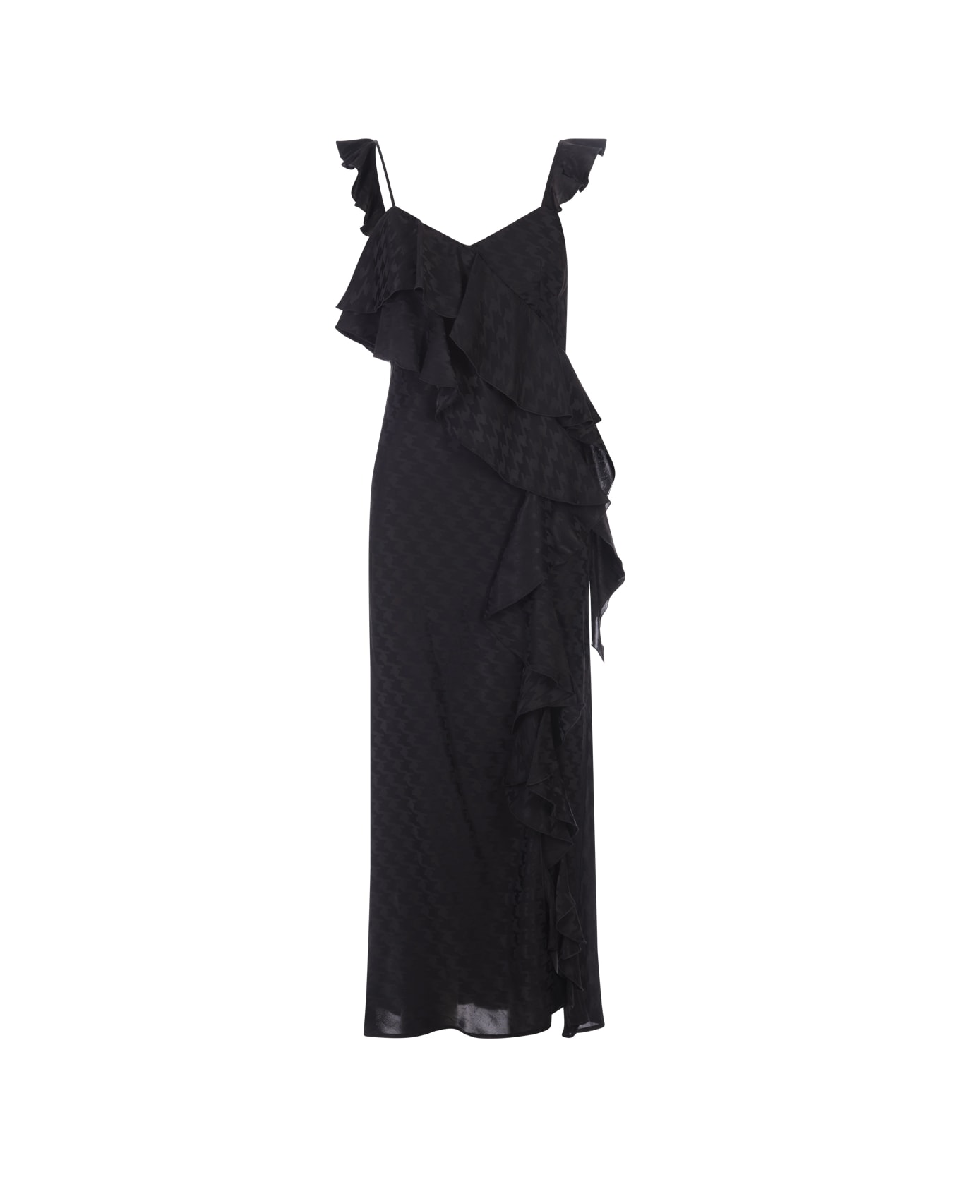 MSGM Black Midi Dress With Ruffle And Houndstooth Pattern - Black