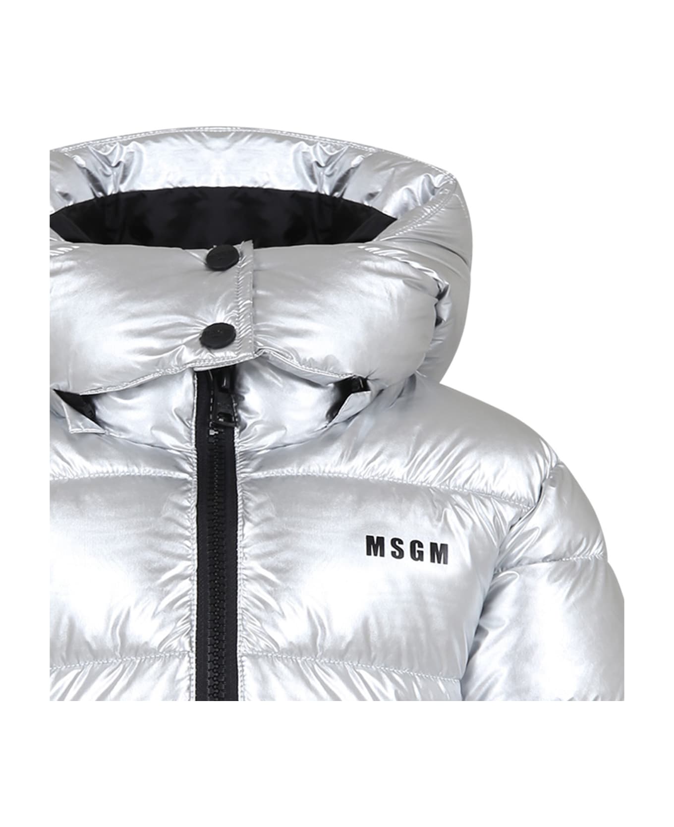 MSGM Silver Down Jacket For Girl With Logo And Star - Silver