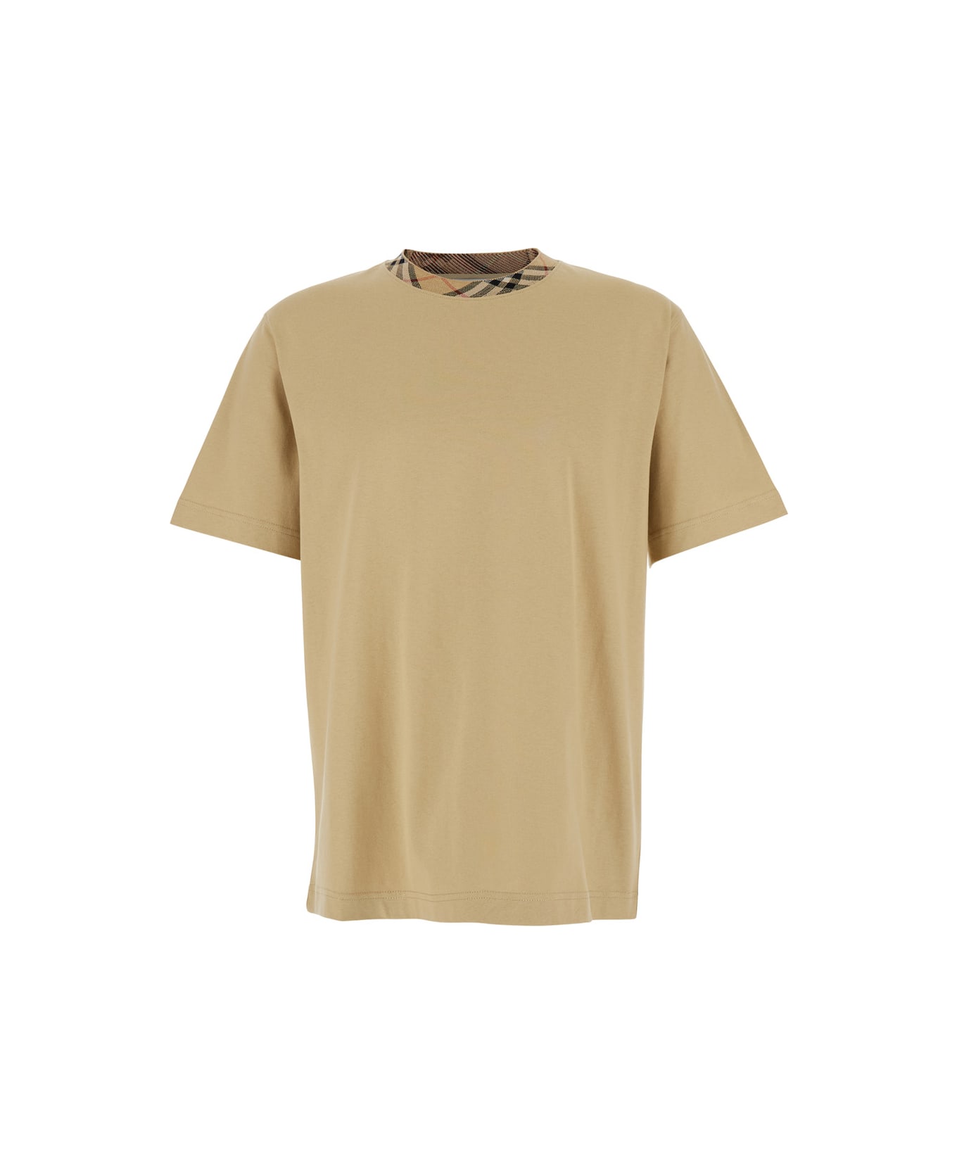 Burberry Beige Crewneck T-shirt With Check Motif On The Collar In Cotton Man - Beige