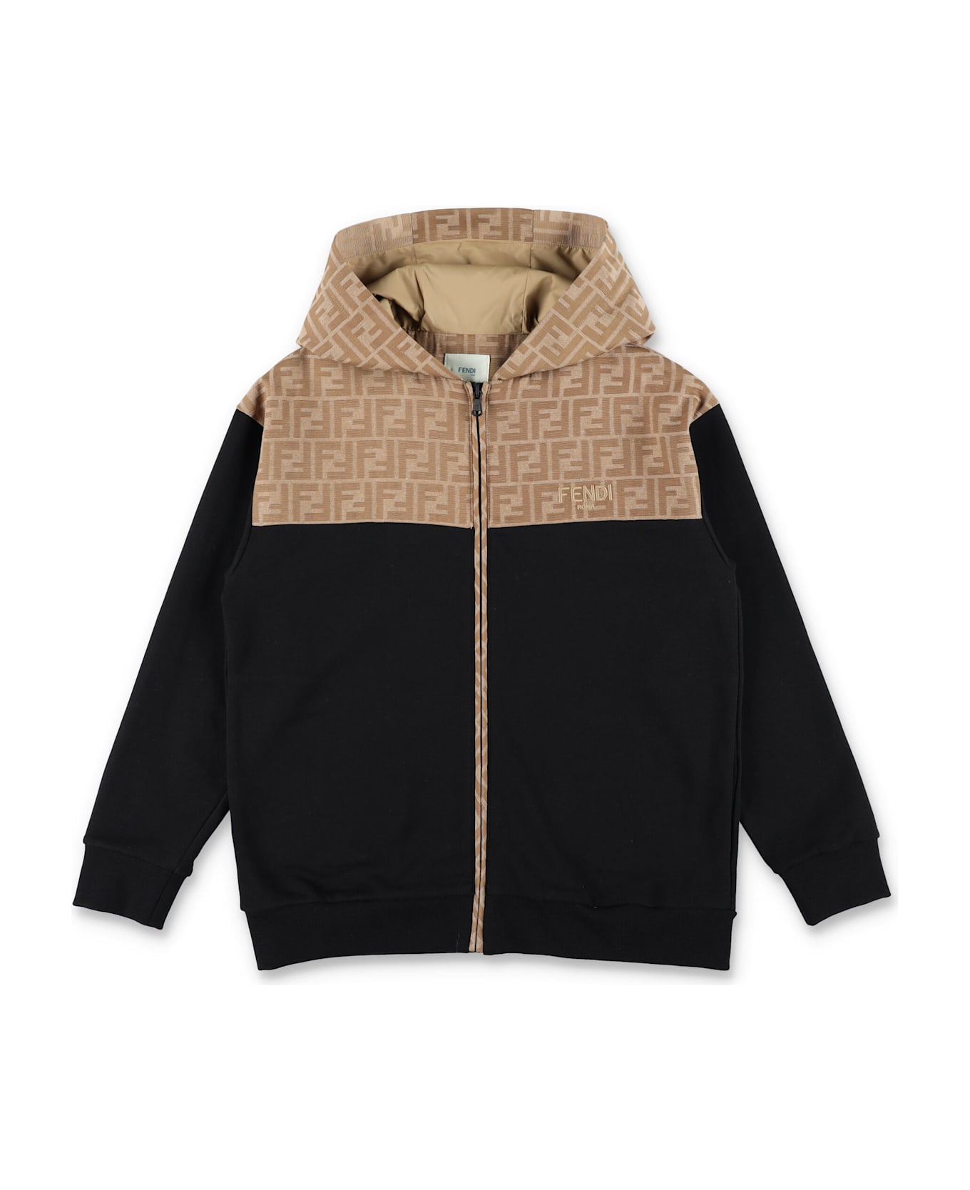 Fendi Kids Black Hoodie With Ff Logo Detail - CAMEL+BLACK