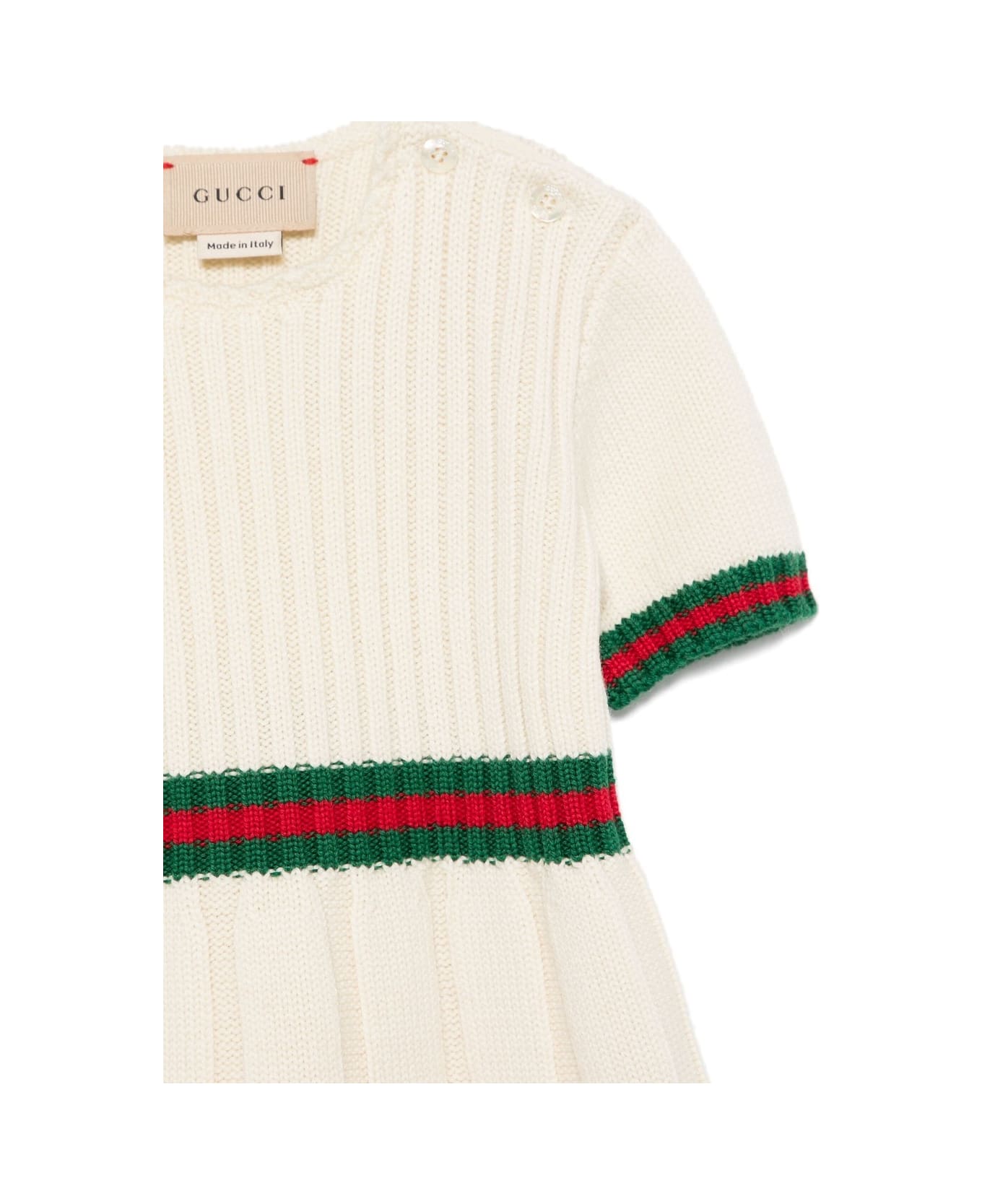 Gucci White Pleated Wool Dress With Web Ribbon - White