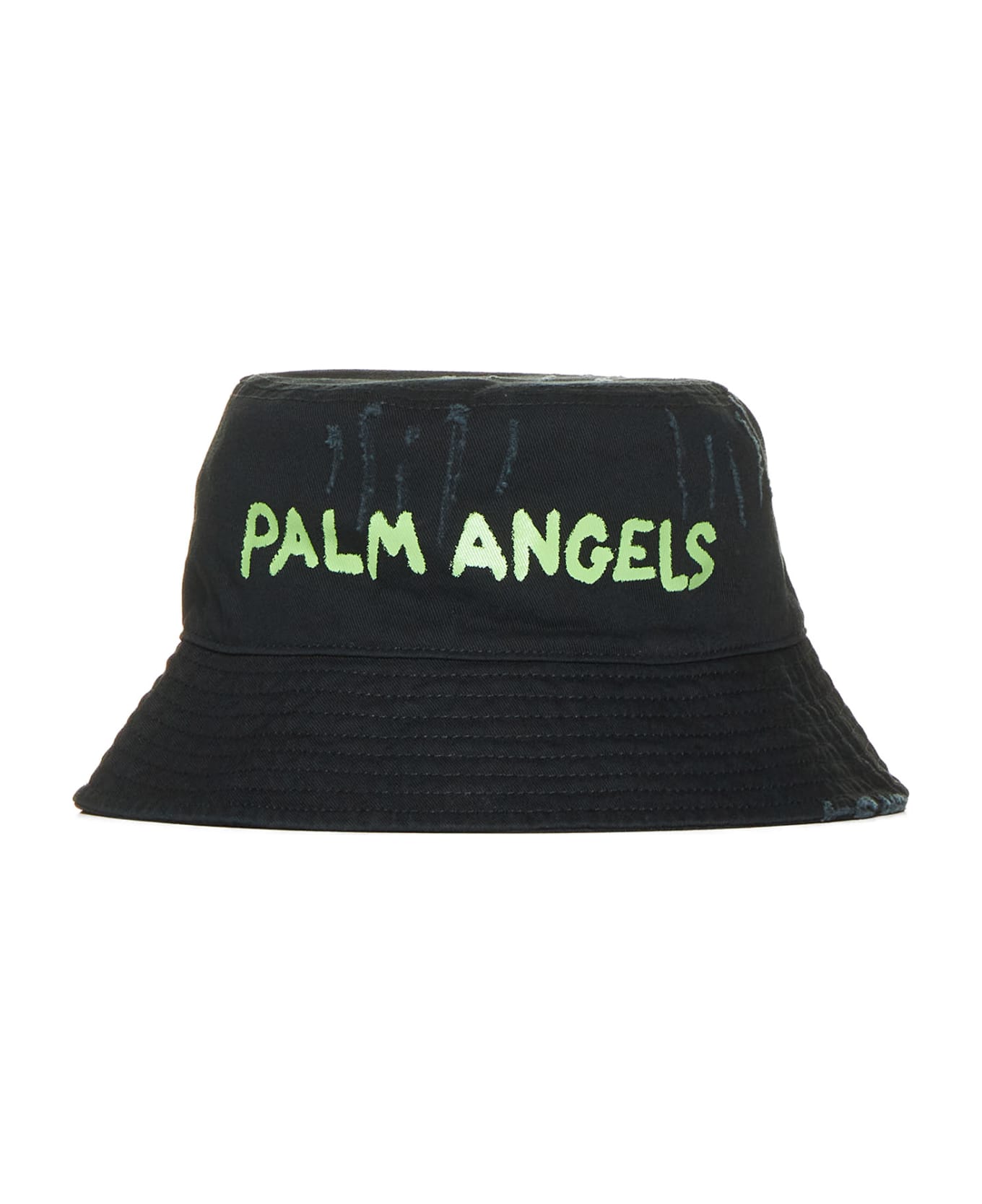 Palm Angels Logo Printed Distressed Bucket Hat - Black green fl