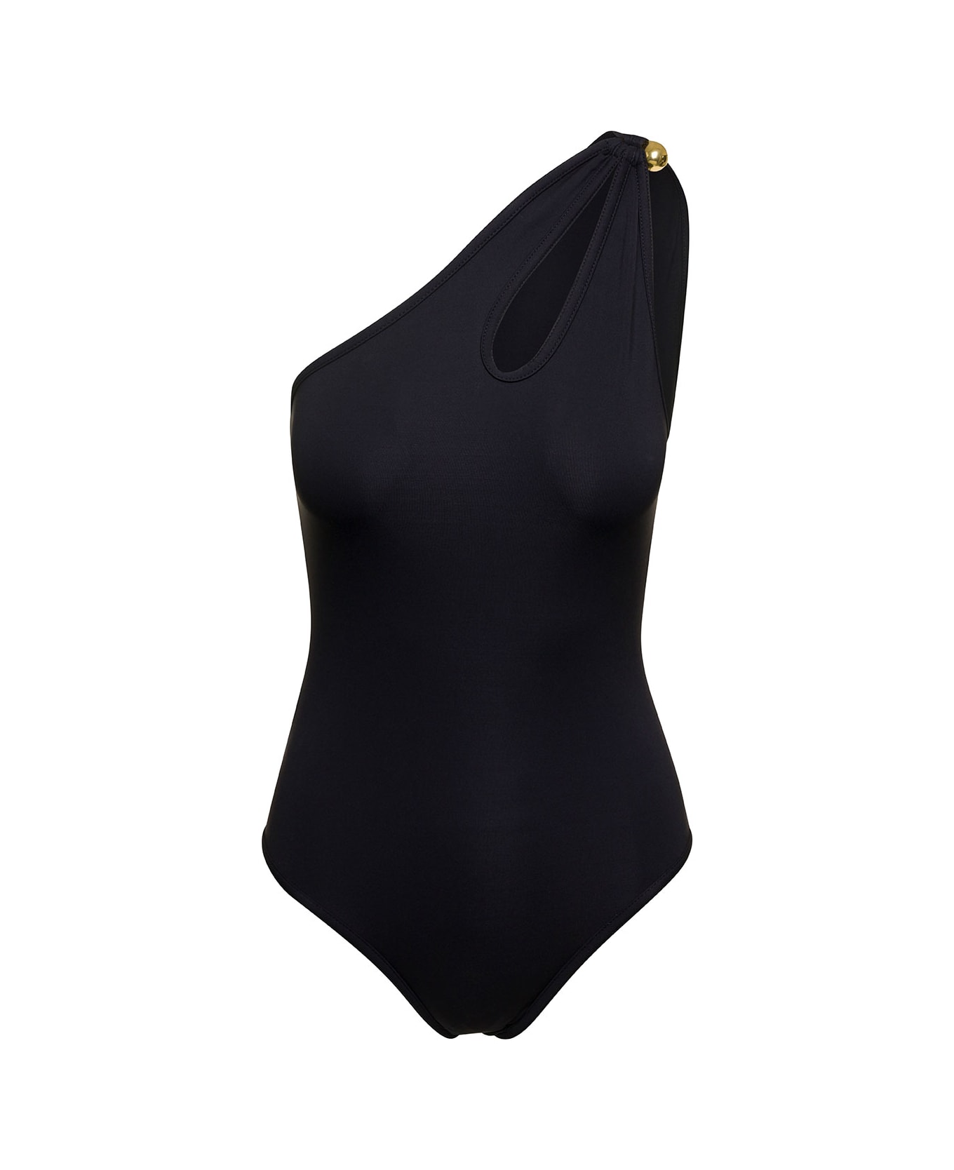 Bottega Veneta Black Mono-shoulder Swimsuit With Golden Detail In Polyamide Woman - Black