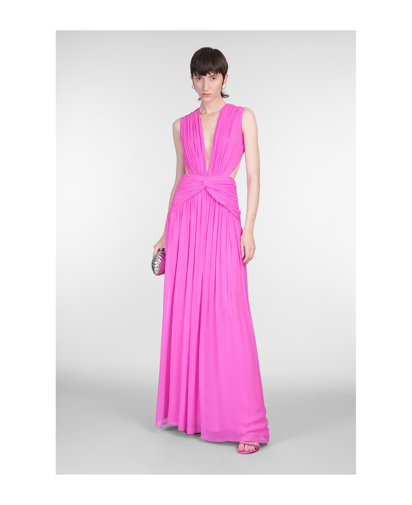 Costarellos Luccia Long Dress In Fuxia Silk - fuxia