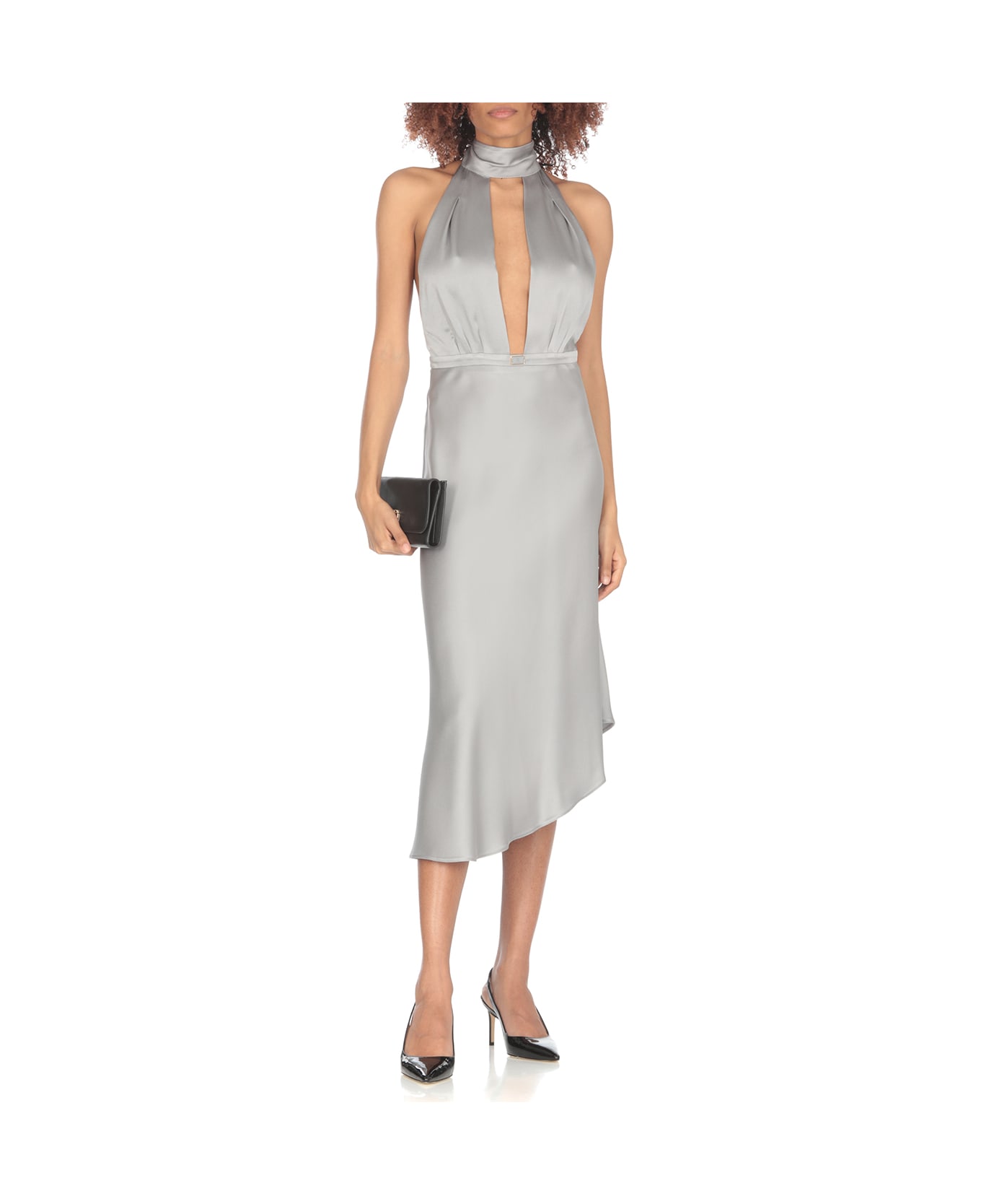 Elisabetta Franchi Satin Midi Dress With Asymmetric Skirt - Silver